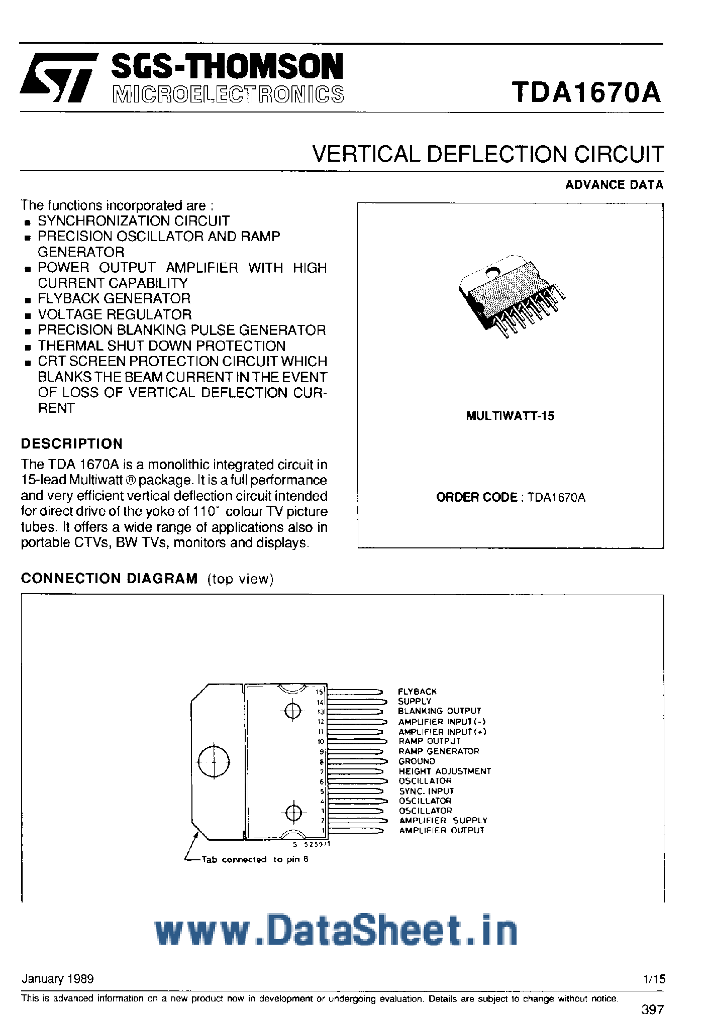 Datasheet TDA1670A - VERTICAL DEFLECTION CIRCUIT page 1