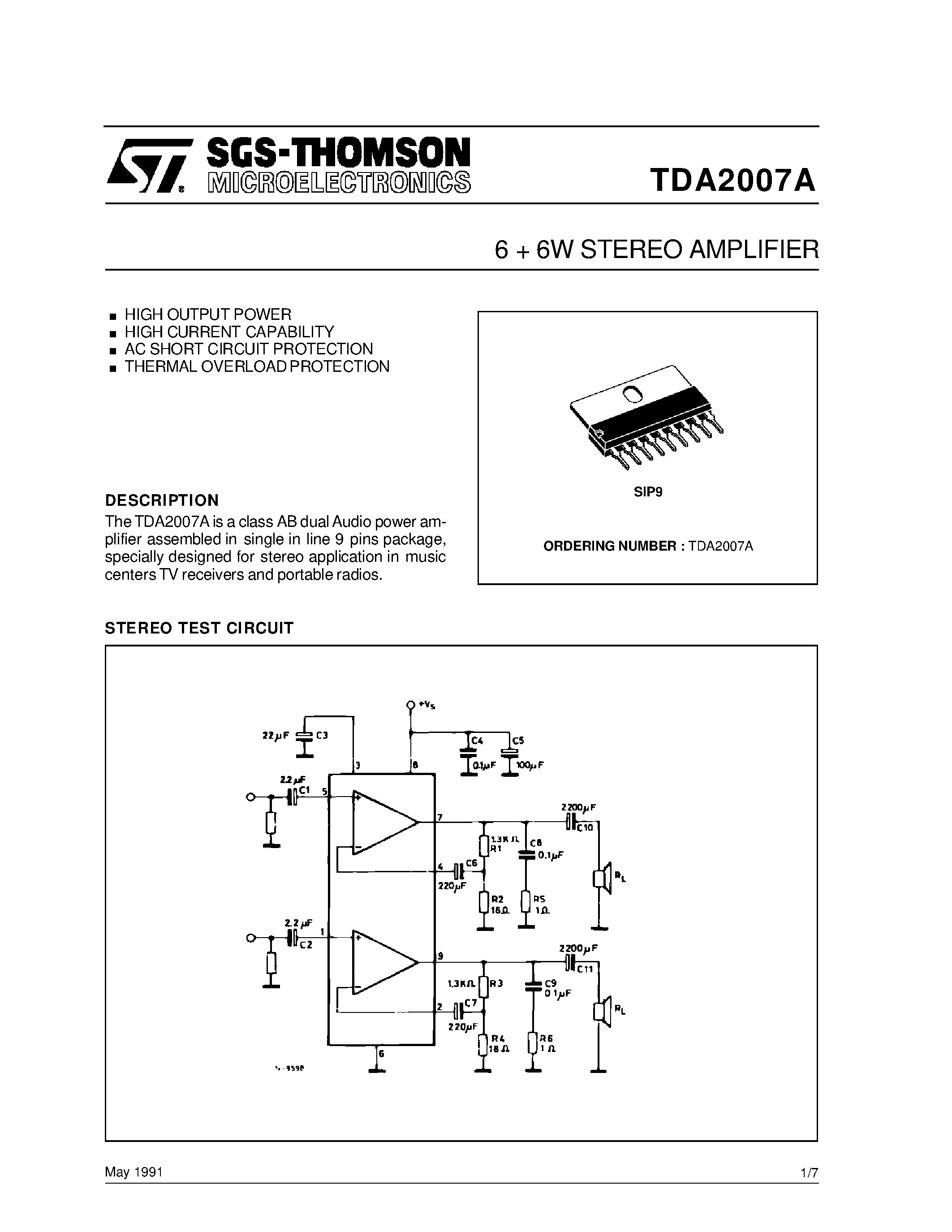 Даташит TDA2007 - 6 + 6W STEREO AMPLIFIER страница 1