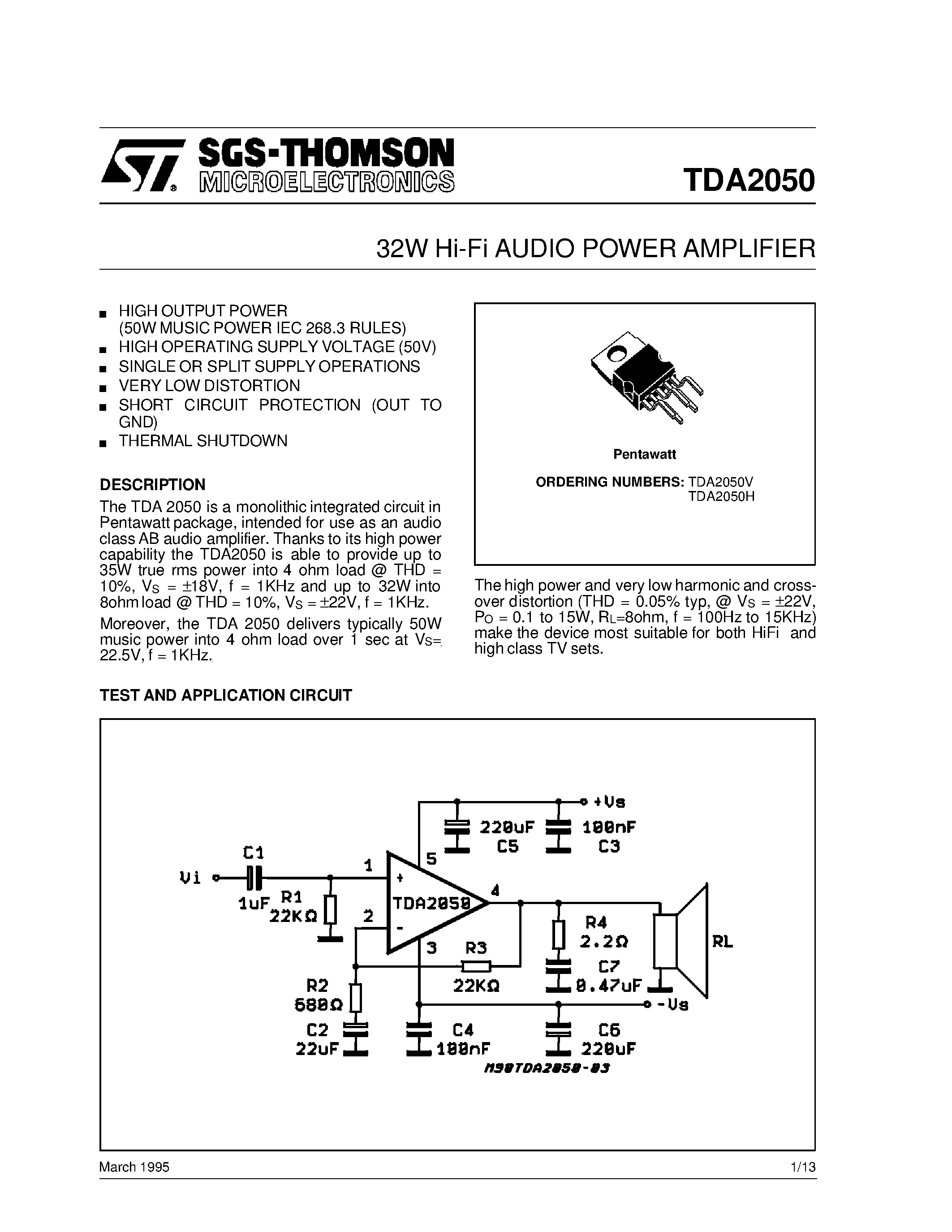 Даташит на микросхему TDA2050 страница 1 Даташит TDA2050 - 32W Hi-Fi AUDIO POWER AMPLIFIER страница 1