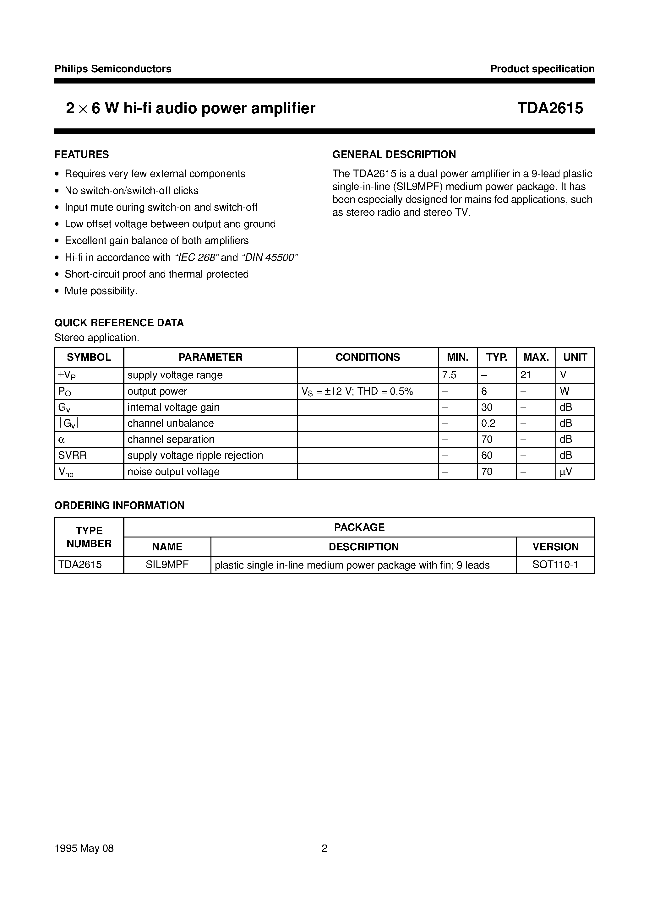 Даташит TDA2615 - 2 x 6 W hi-fi audio power amplifier страница 2