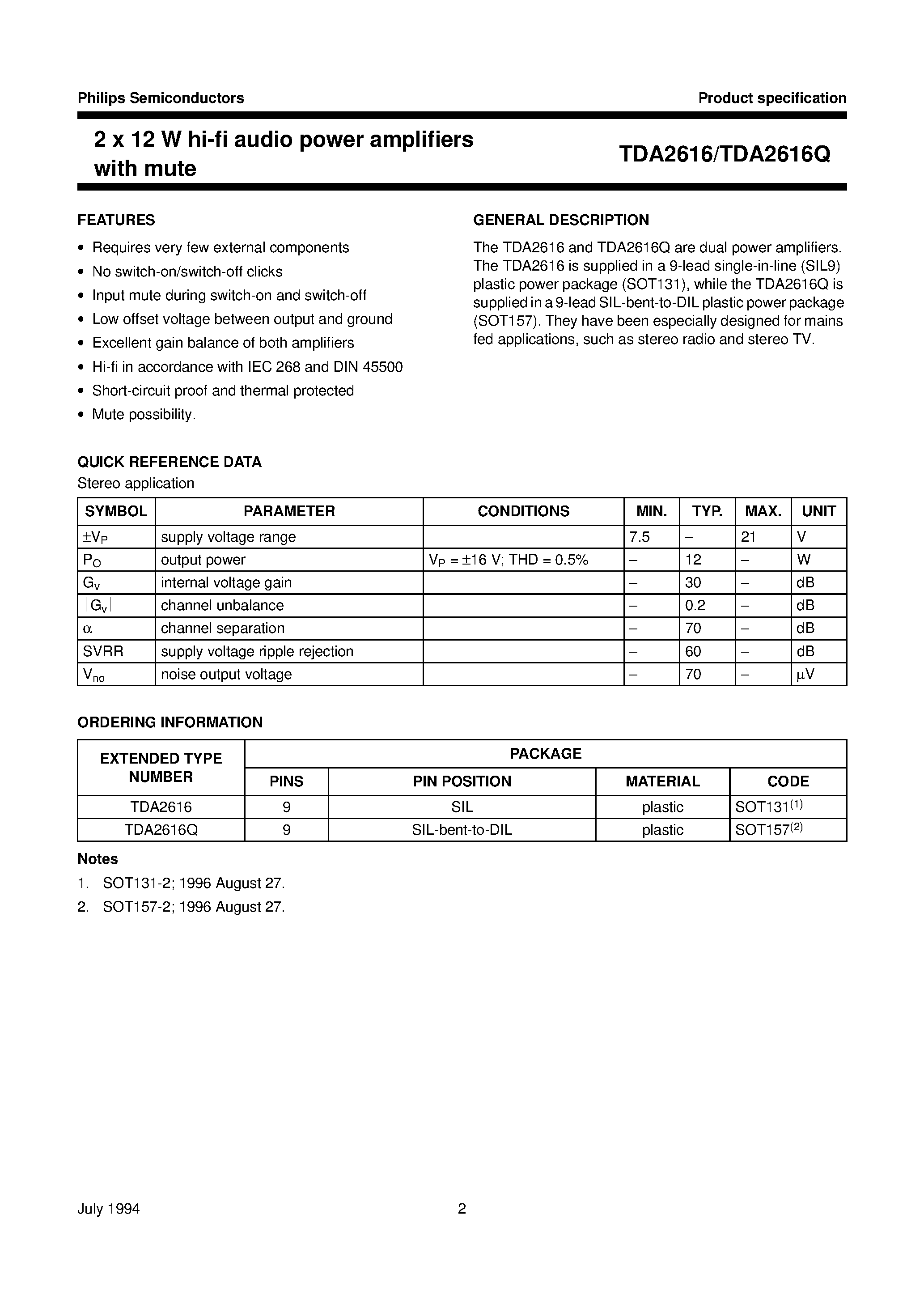 Даташит TDA2616 - 2 x 12 W hi-fi audio power amplifiers with mute страница 2