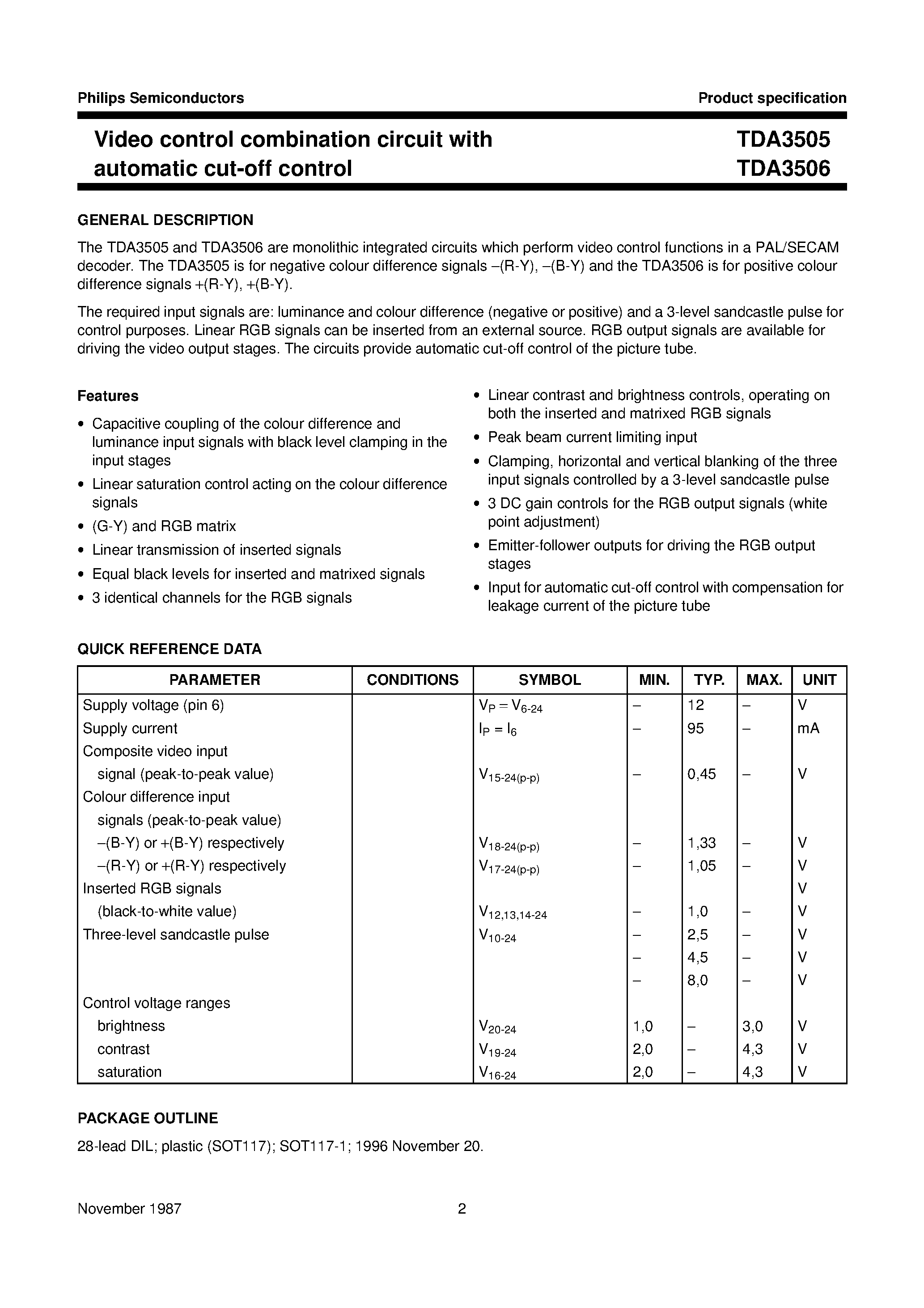 Даташит на микросхему TDA3505 страница 2 Даташит TDA3505 - Video control combination circuit with automatic cut-off control страница 2