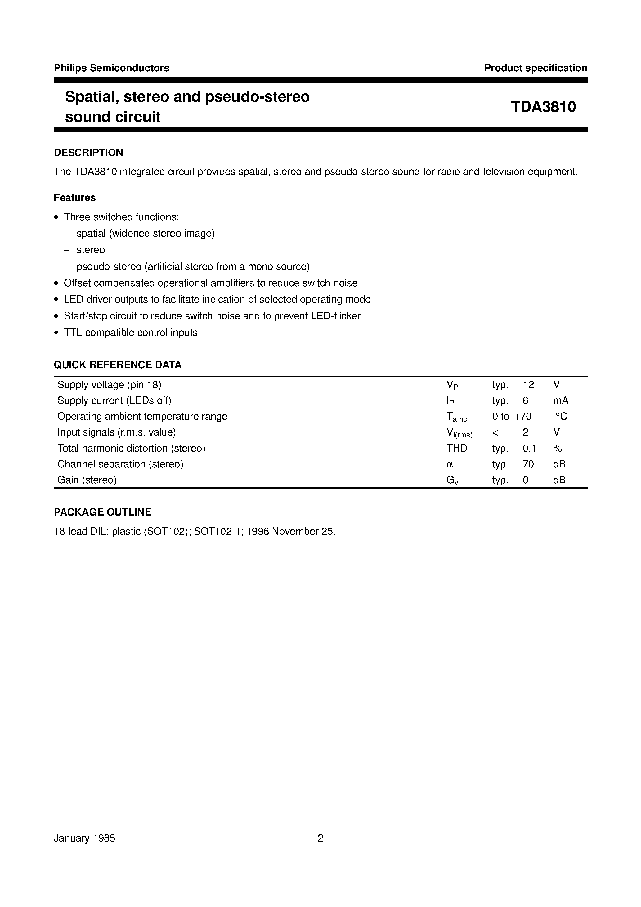 Даташит TDA3810 - Spatial/ stereo and pseudo-stereo sound circuit страница 2