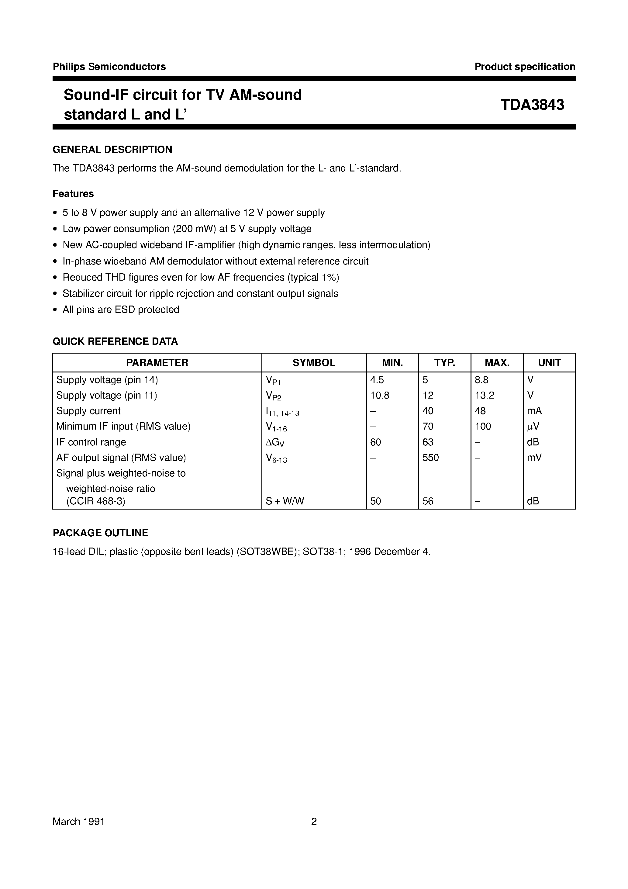 Datasheet TDA3843 - Sound-IF circuit for TV AM-sound standard L and L page 2