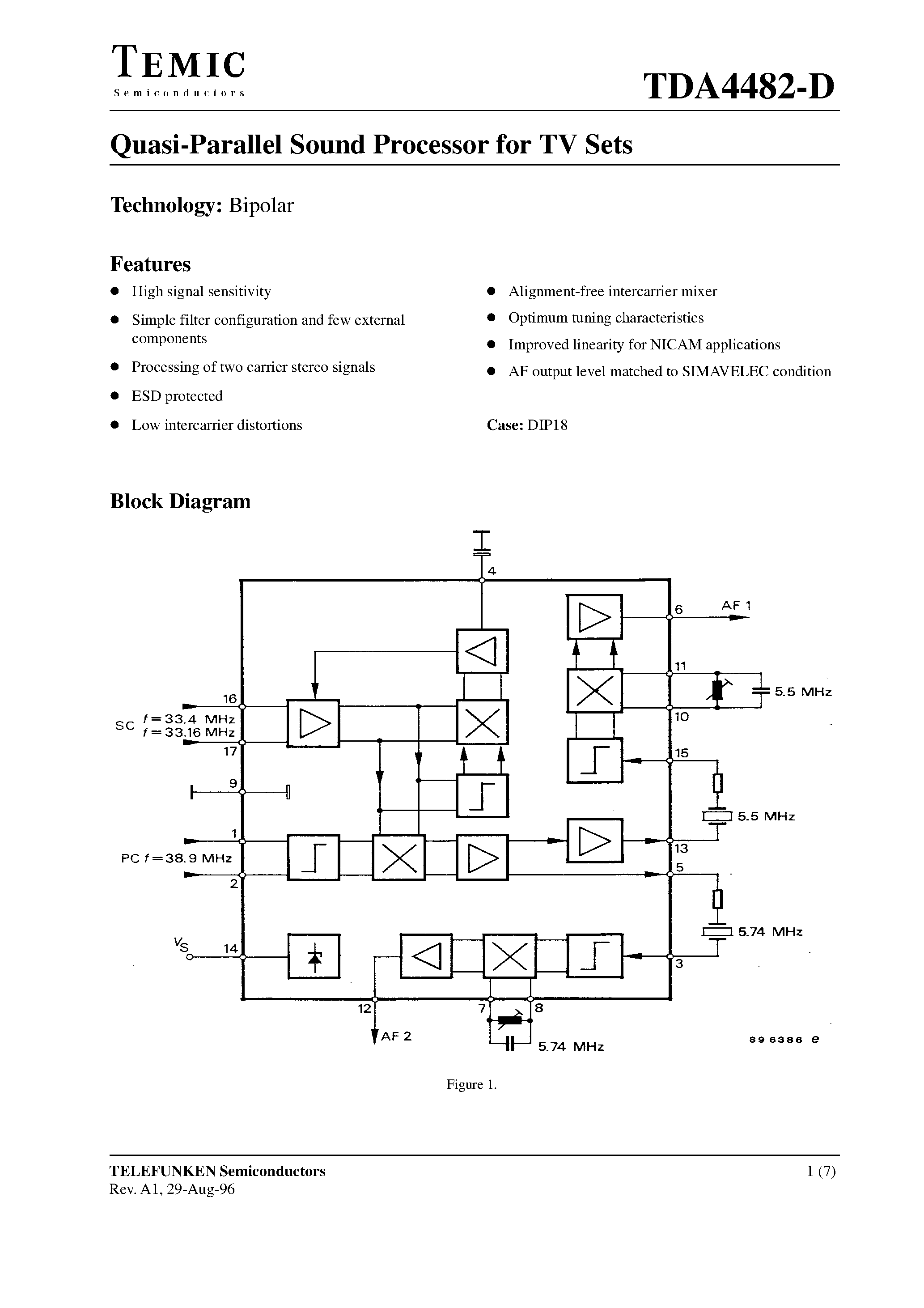 Datasheet TDA4482-D - Quasi-Parallel Sound Processor for TV Sets page 1