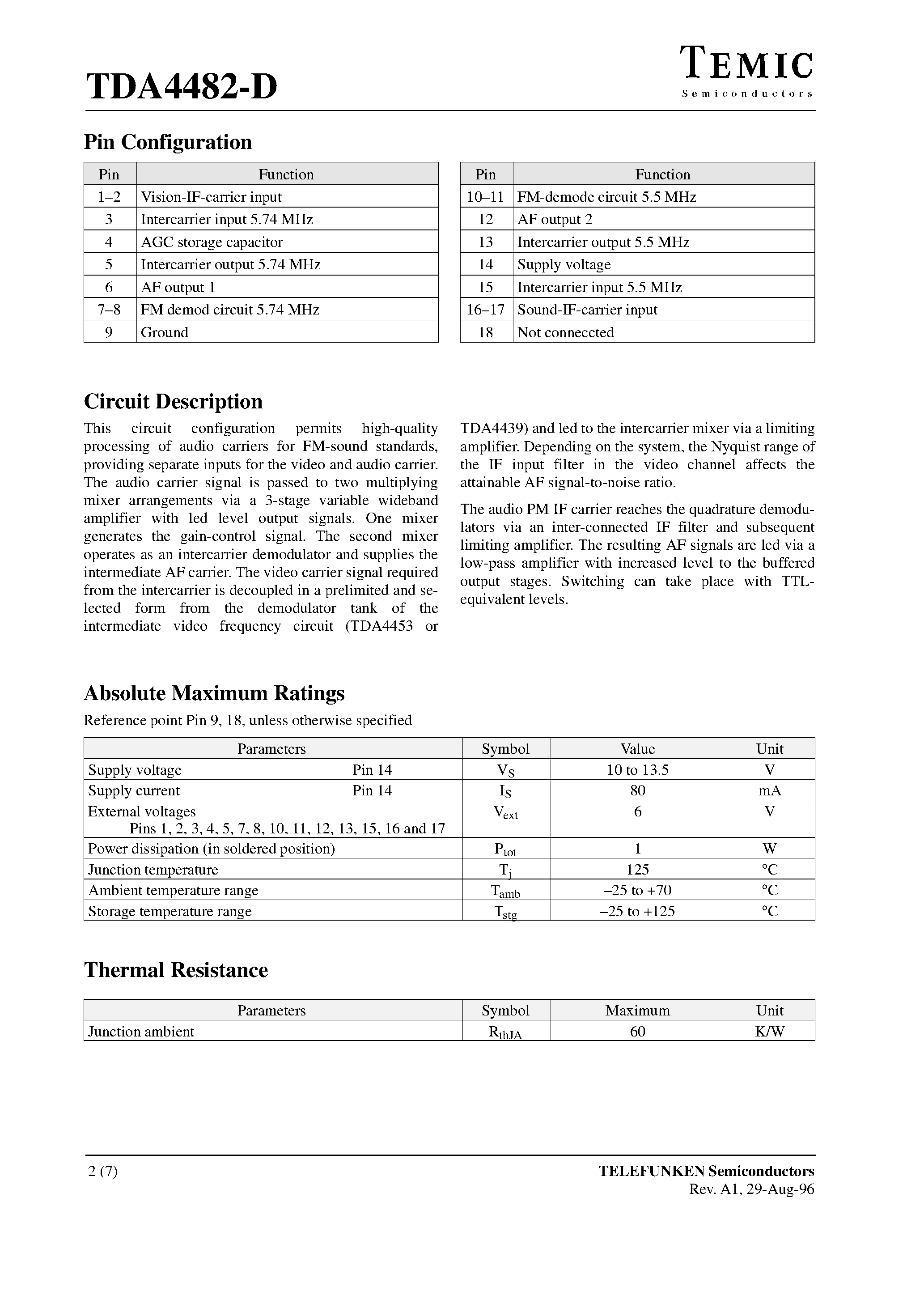 Datasheet TDA4482-D - Quasi-Parallel Sound Processor for TV Sets page 2