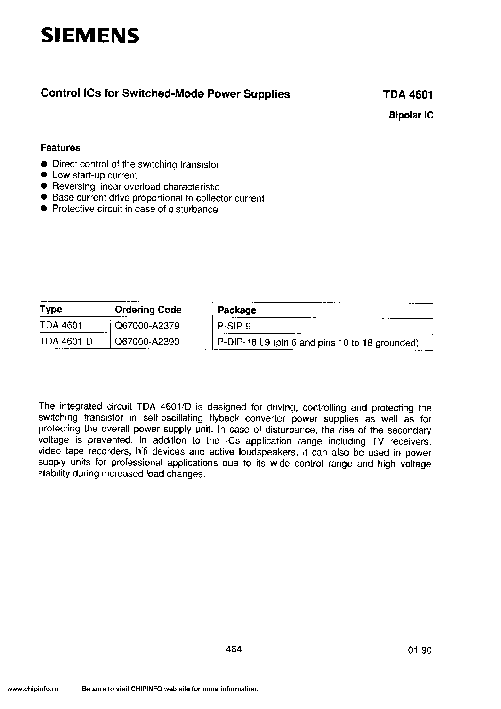 Datasheet TDA4601-D - Control ICs for Switched-Mode Power Supplies page 1