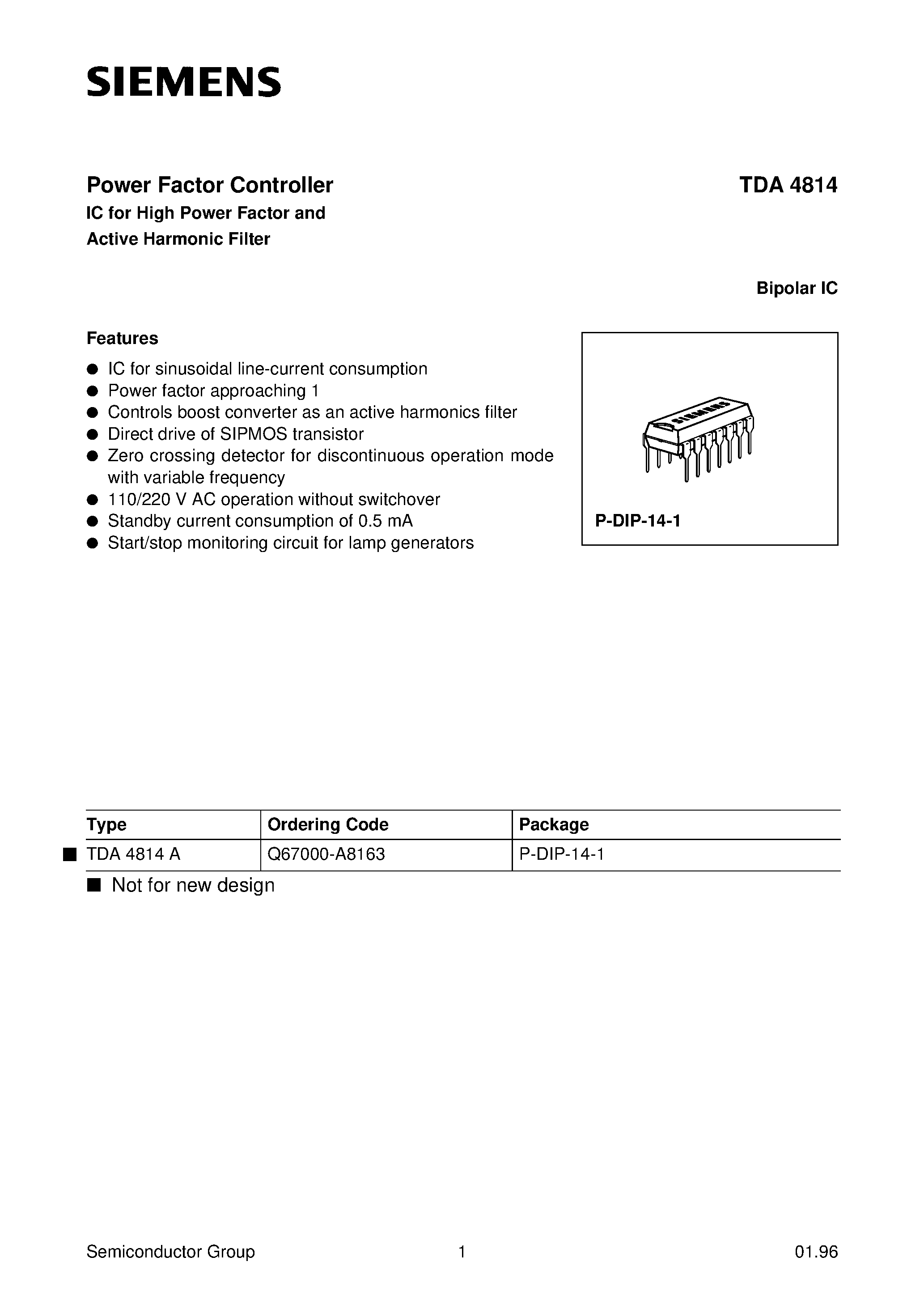 Даташит TDA4814 - Power Factor Controller IC for High Power Factor and Active Harmonic Filter страница 1