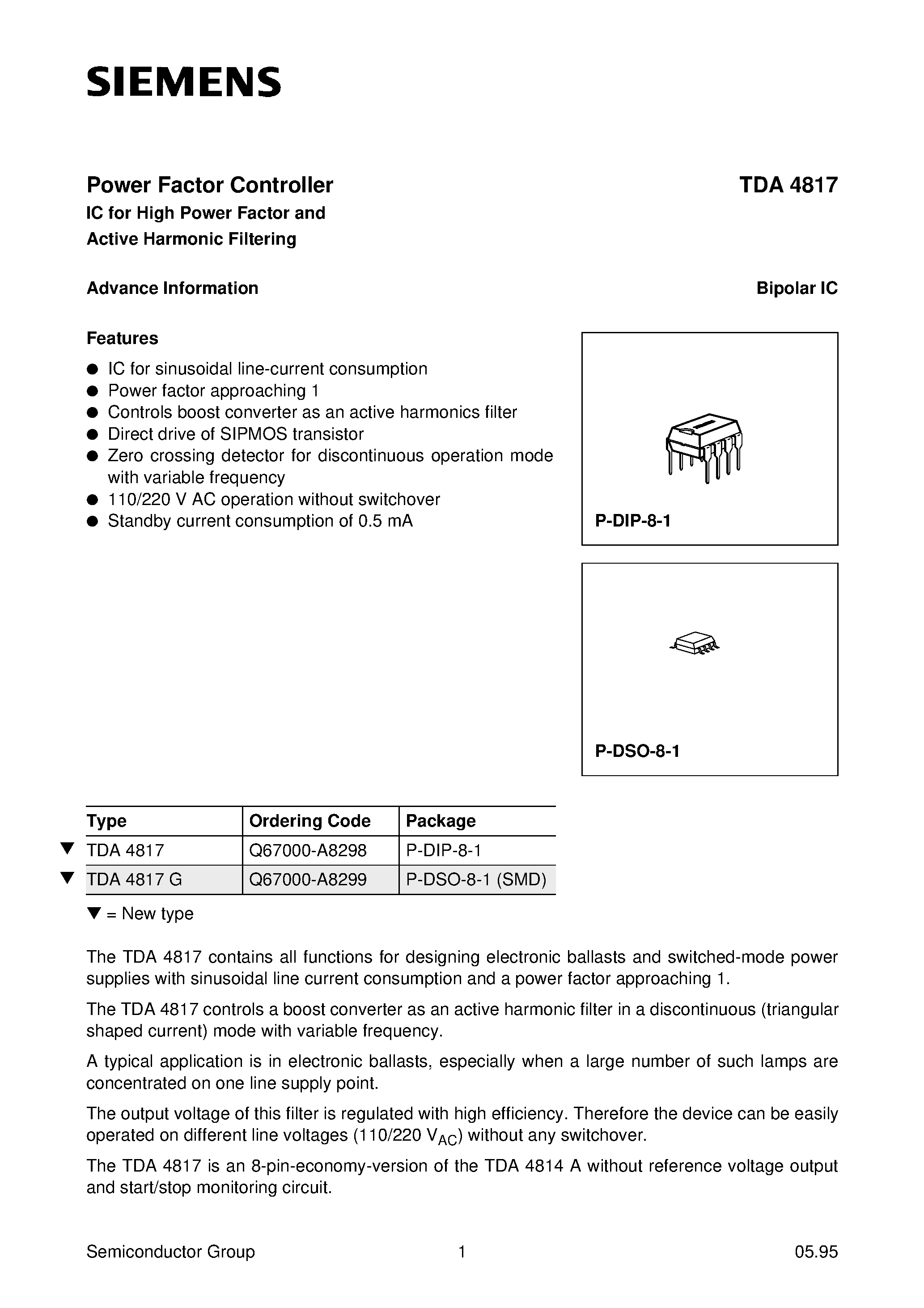 Datasheet TDA4817 - Power Factor Controller IC for High Power Factor and Active Harmonic Filtering page 1