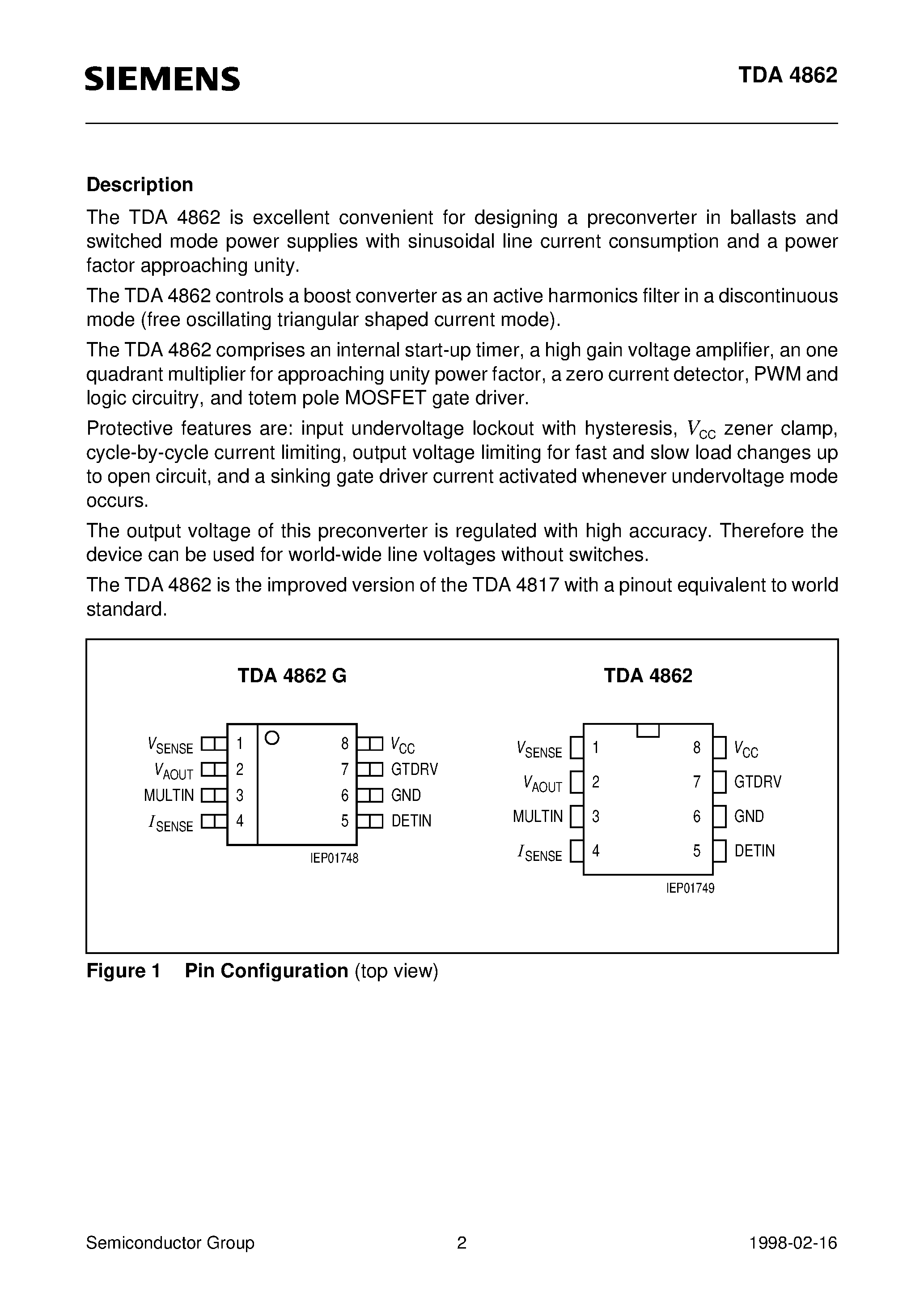 Datasheet TDA4862 - Power-Factor Controller PFC IC for High Power Factor and Active Harmonic Filter page 2