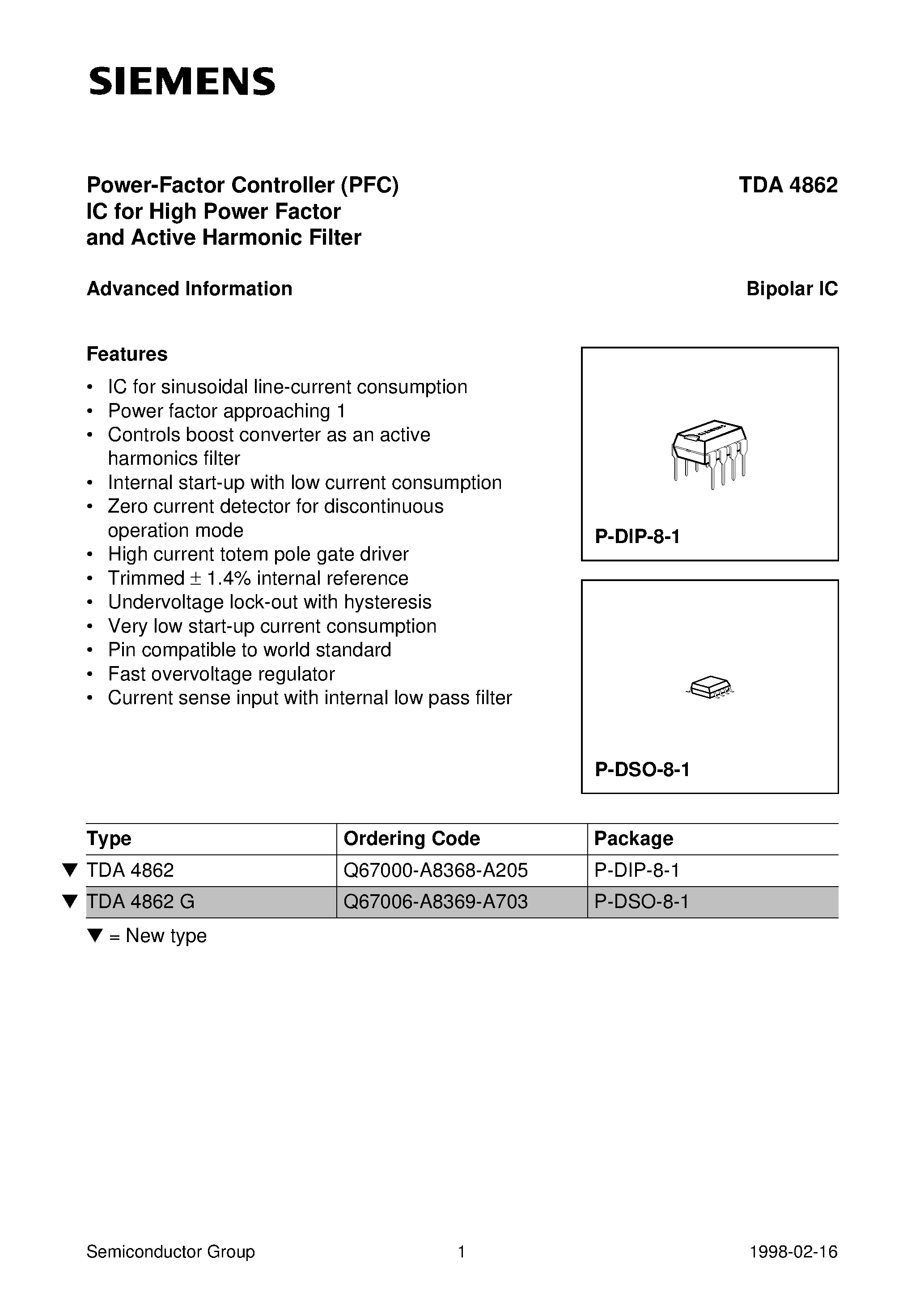 Даташит TDA4862G - Power-Factor Controller PFC IC for High Power Factor and Active Harmonic Filter страница 1