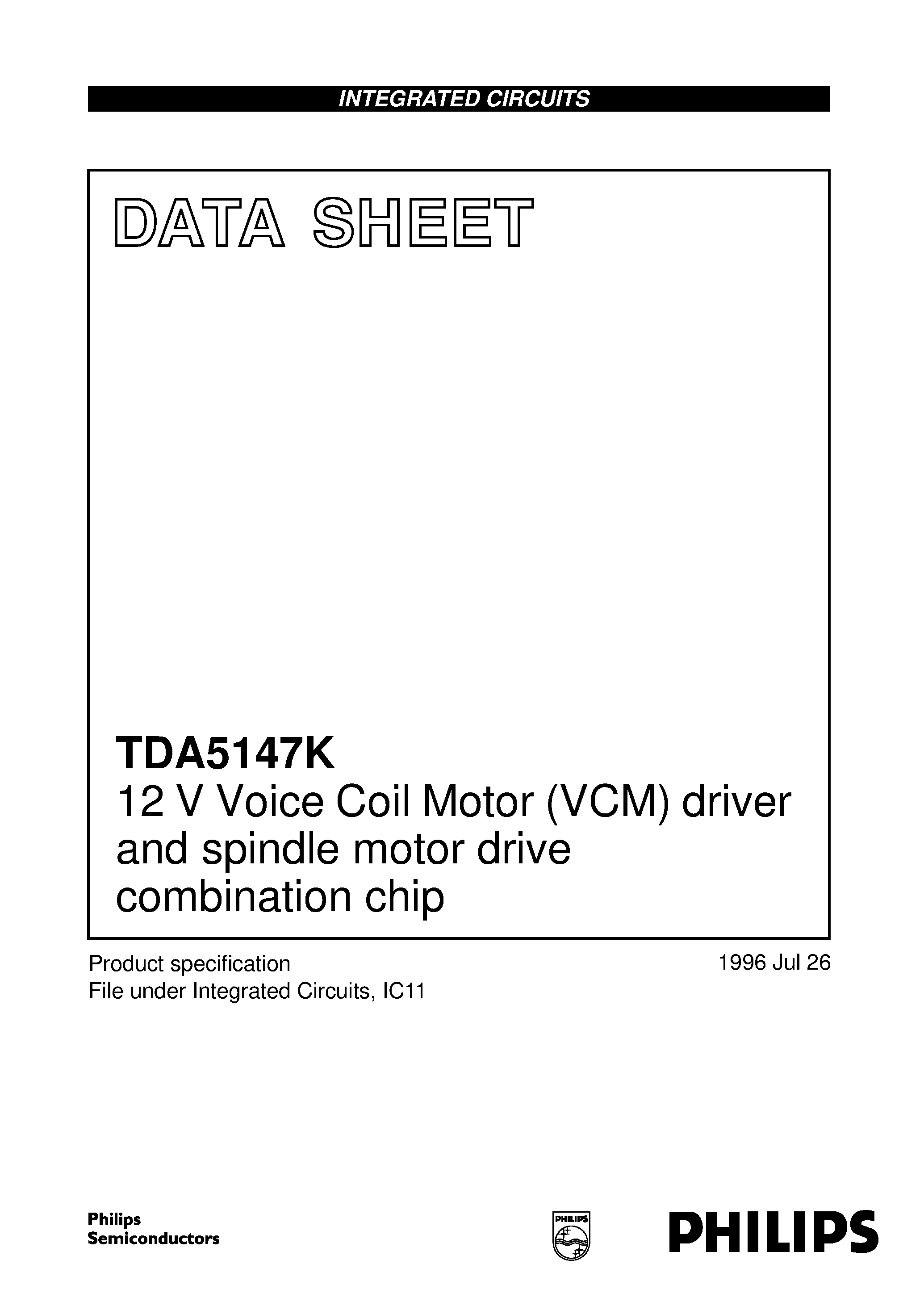 Даташит TDA5147K - 12 V Voice Coil Motor VCM driver and spindle motor drive combination chip страница 1