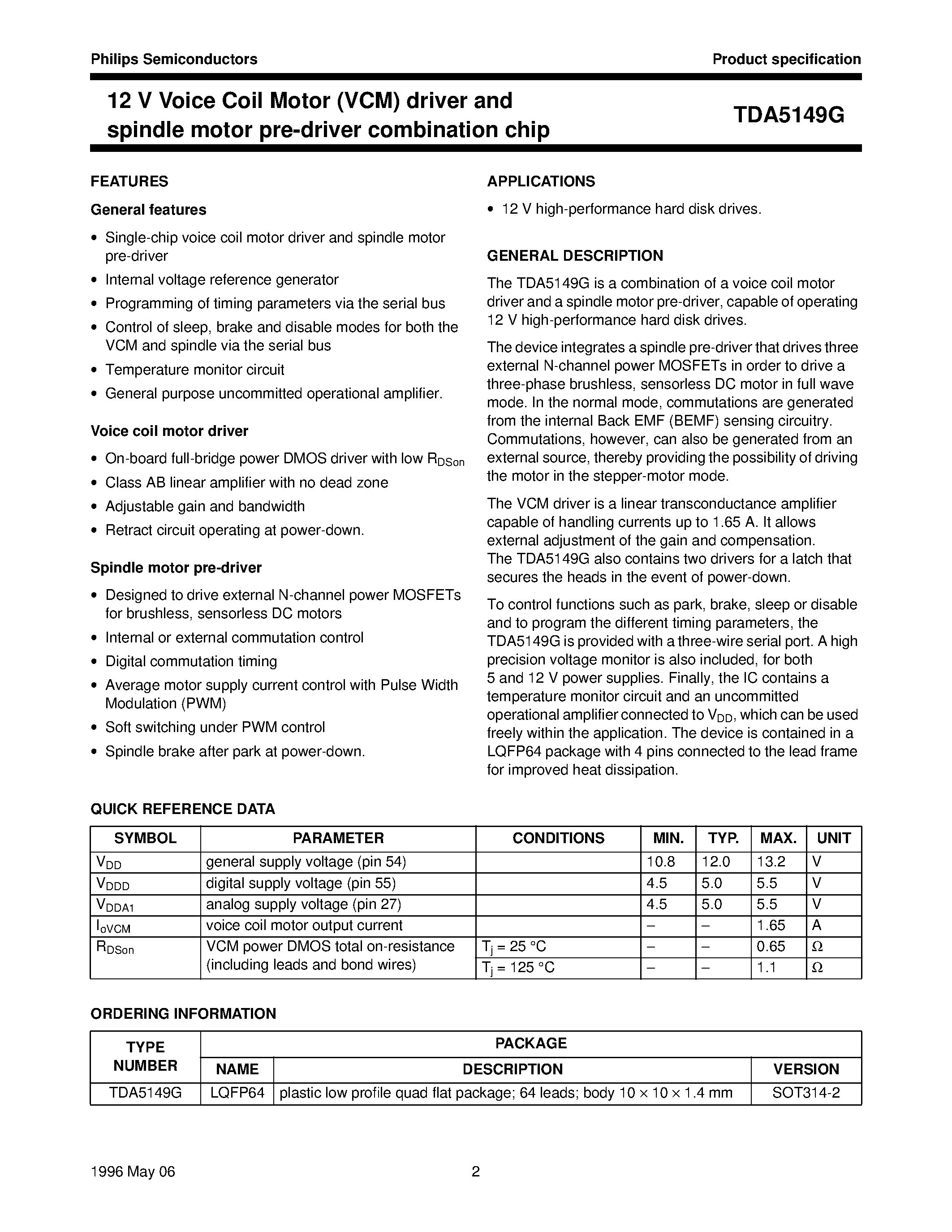 Даташит TDA5149G - 12 V Voice Coil Motor VCM driver and spindle motor pre-driver combination chip страница 2