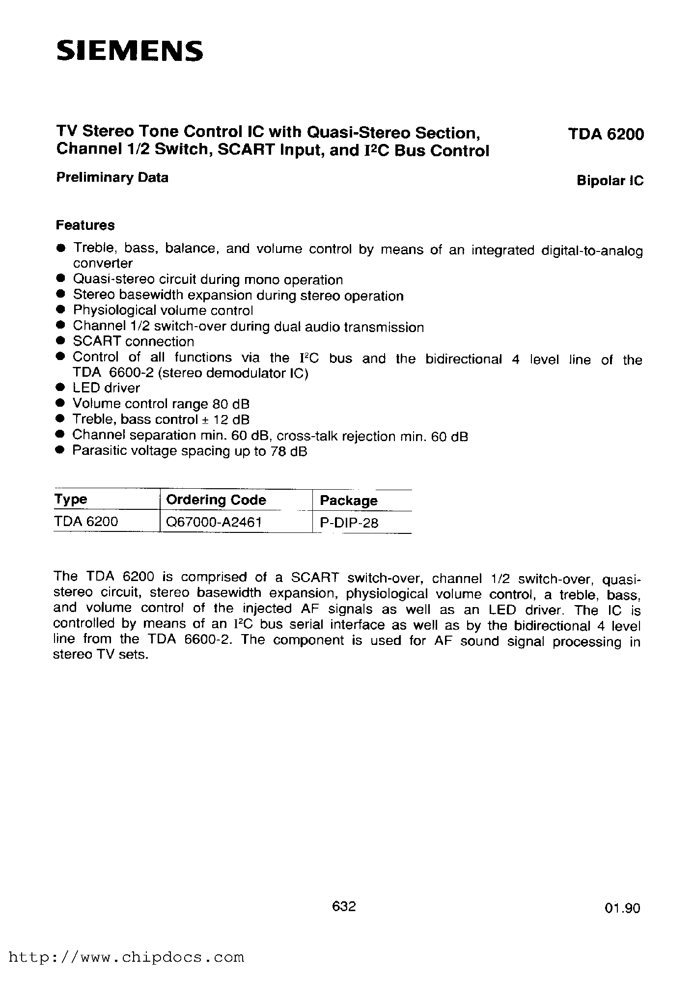 Даташит TDA6200 - TV Stereo Tone Control IC with Quasi-Stereo Section/ <br> Channel 1/2 Switch/ SCART Input/ and I2C Bus Control страница 1