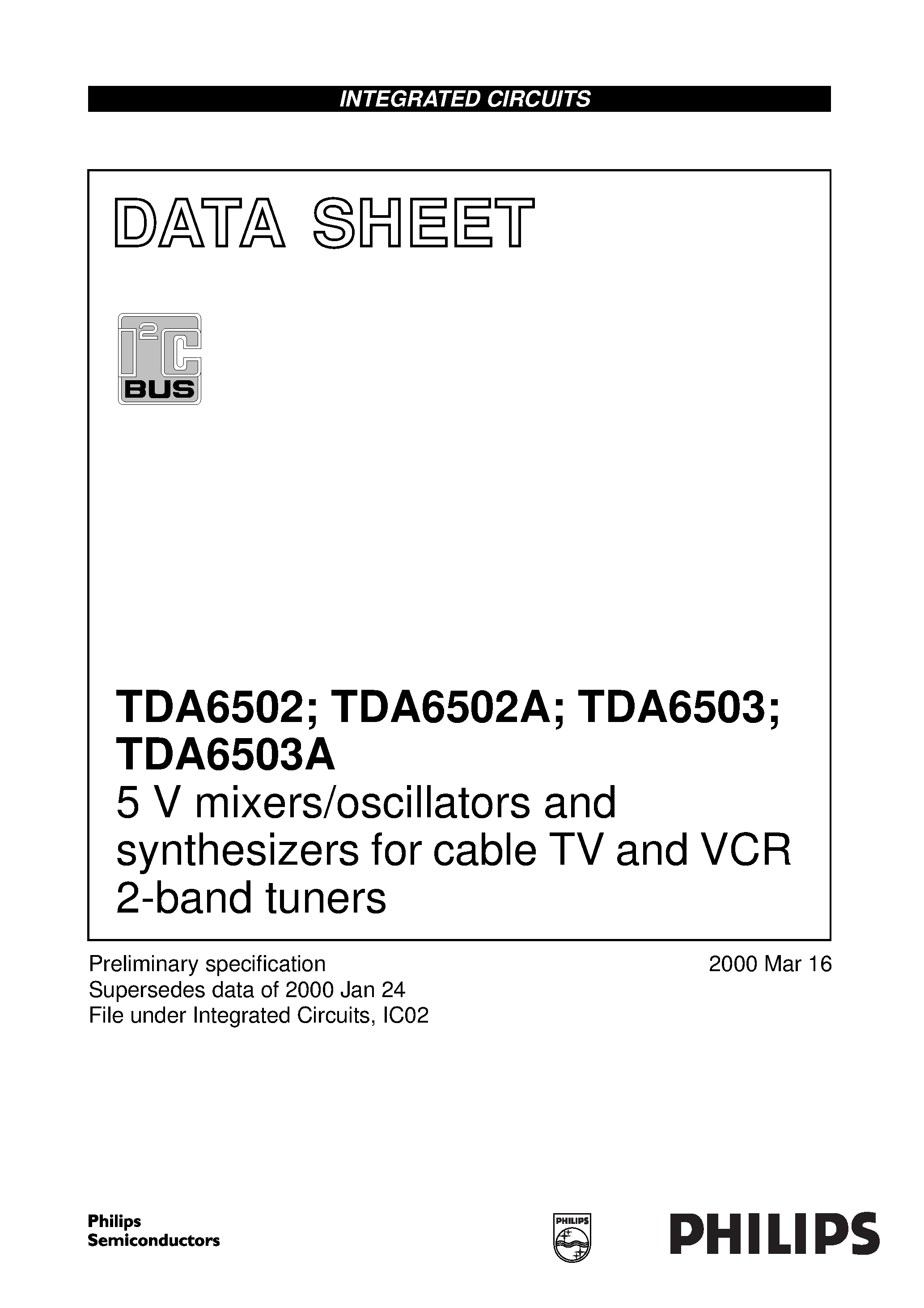 Даташит TDA6502 - 5 V mixers/oscillators and synthesizers for cable TV and VCR 2-band tuners страница 1