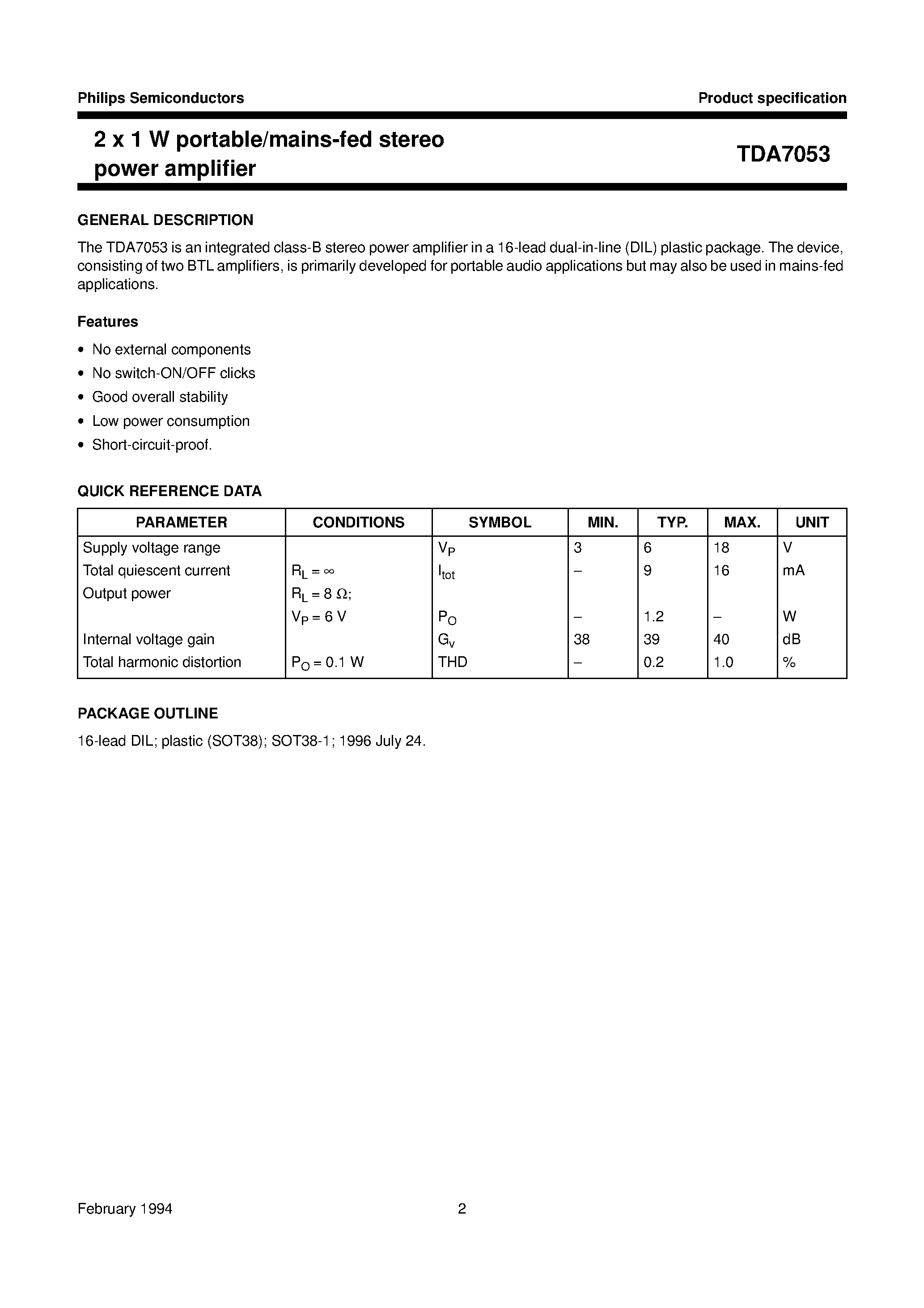 Даташит TDA7053 - 2 x 1 W portable/mains-fed stereo power amplifier страница 2