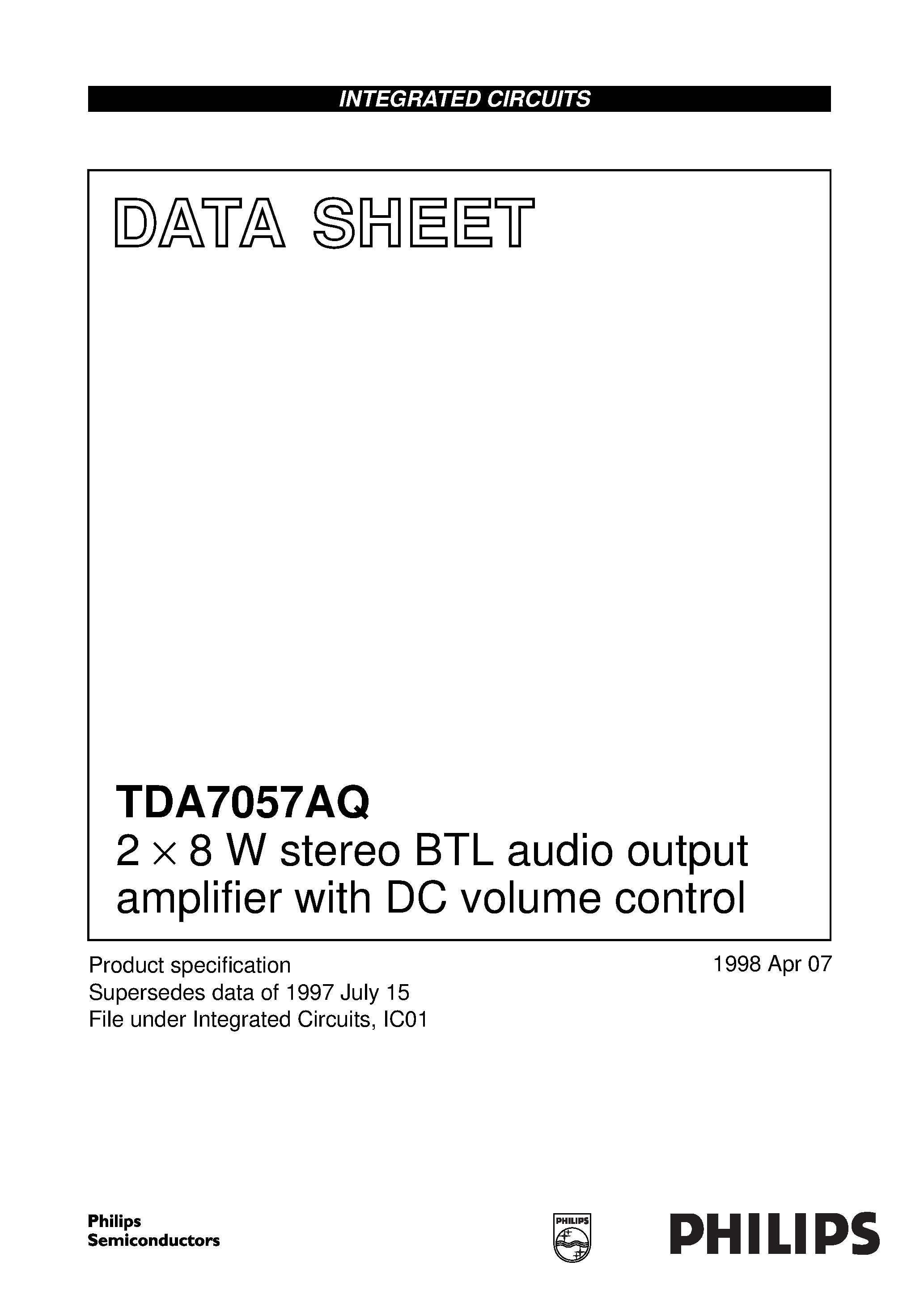 Даташит TDA7057A - 2 x 8 W stereo BTL audio output amplifier with DC volume control страница 1