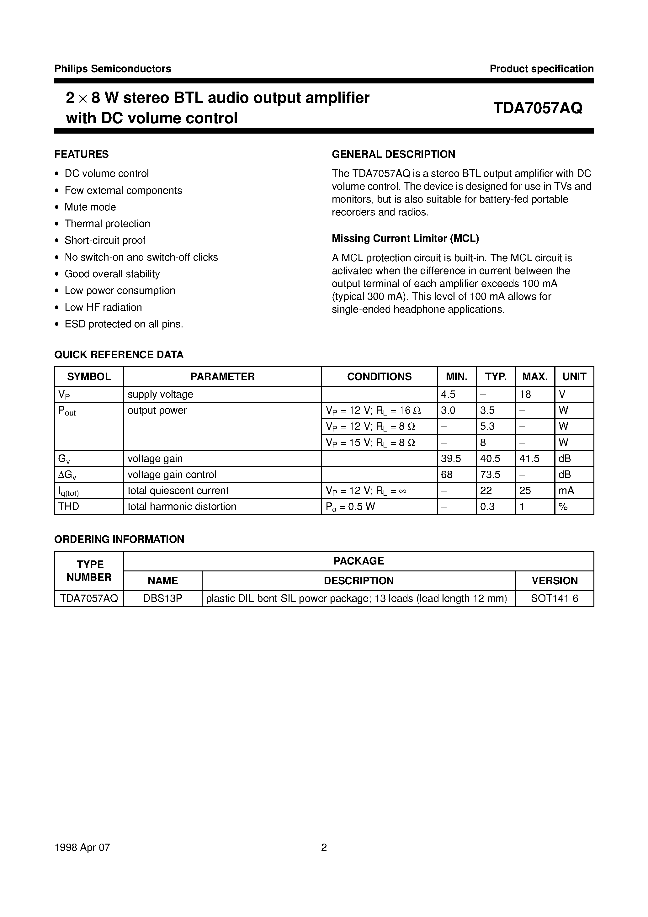 Даташит TDA7057AQ - 2 x 8 W stereo BTL audio output amplifier with DC volume control страница 2