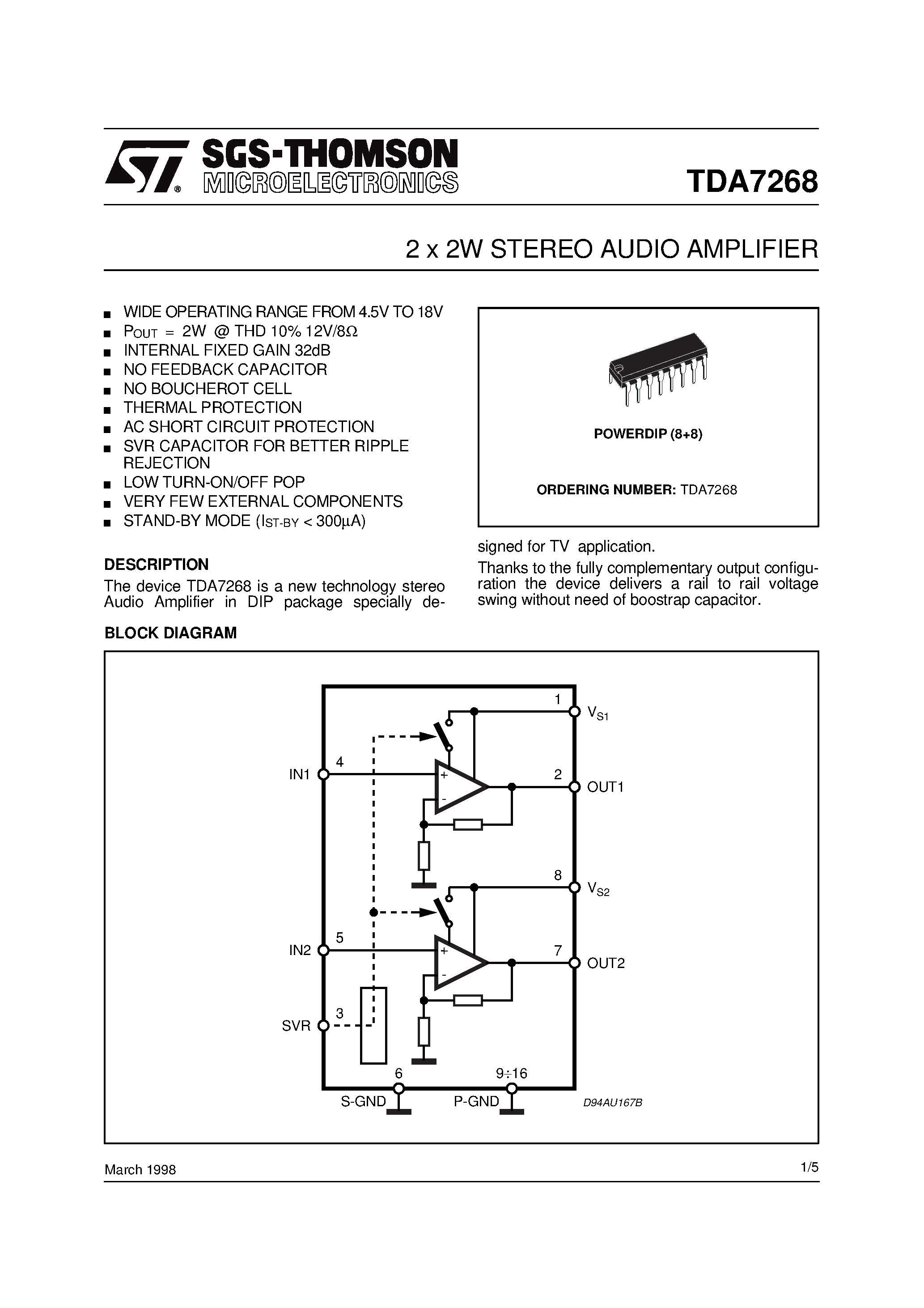 Даташит TDA7268 - 2 x 2W STEREO AUDIO AMPLIFIER страница 1