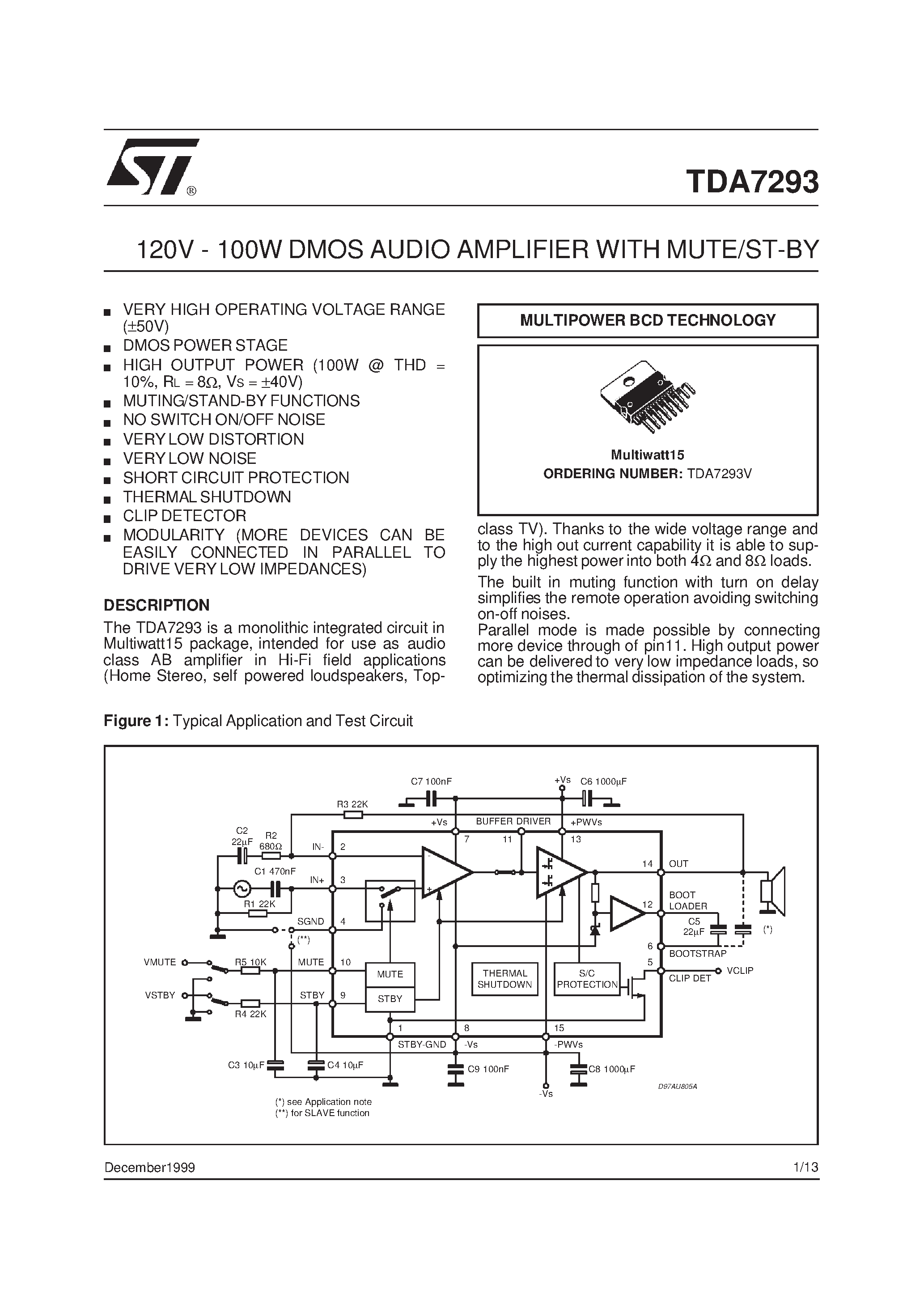 Даташит на микросхему TDA7293 страница 1 Даташит TDA7293 - 120V - 100W DMOS AUDIO AMPLIFIER WITH MUTE/ST-BY страница 1