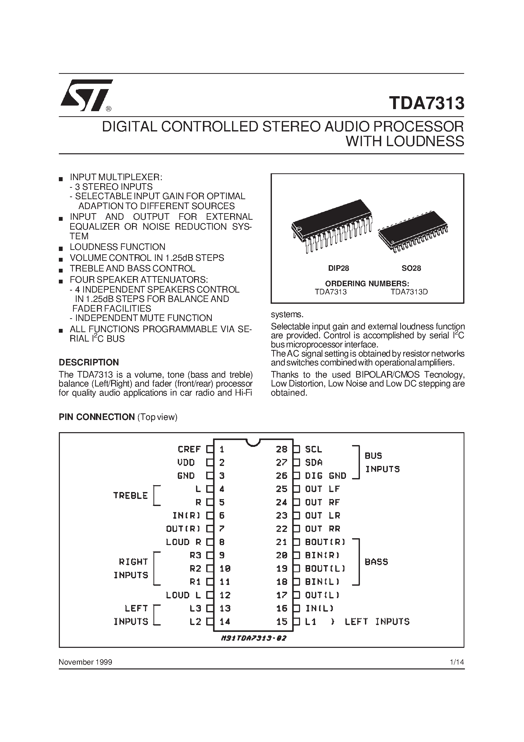 Даташит TDA7313D - DIGITAL CONTROLLED STEREO AUDIO PROCESSOR WITH LOUDNESS страница 1