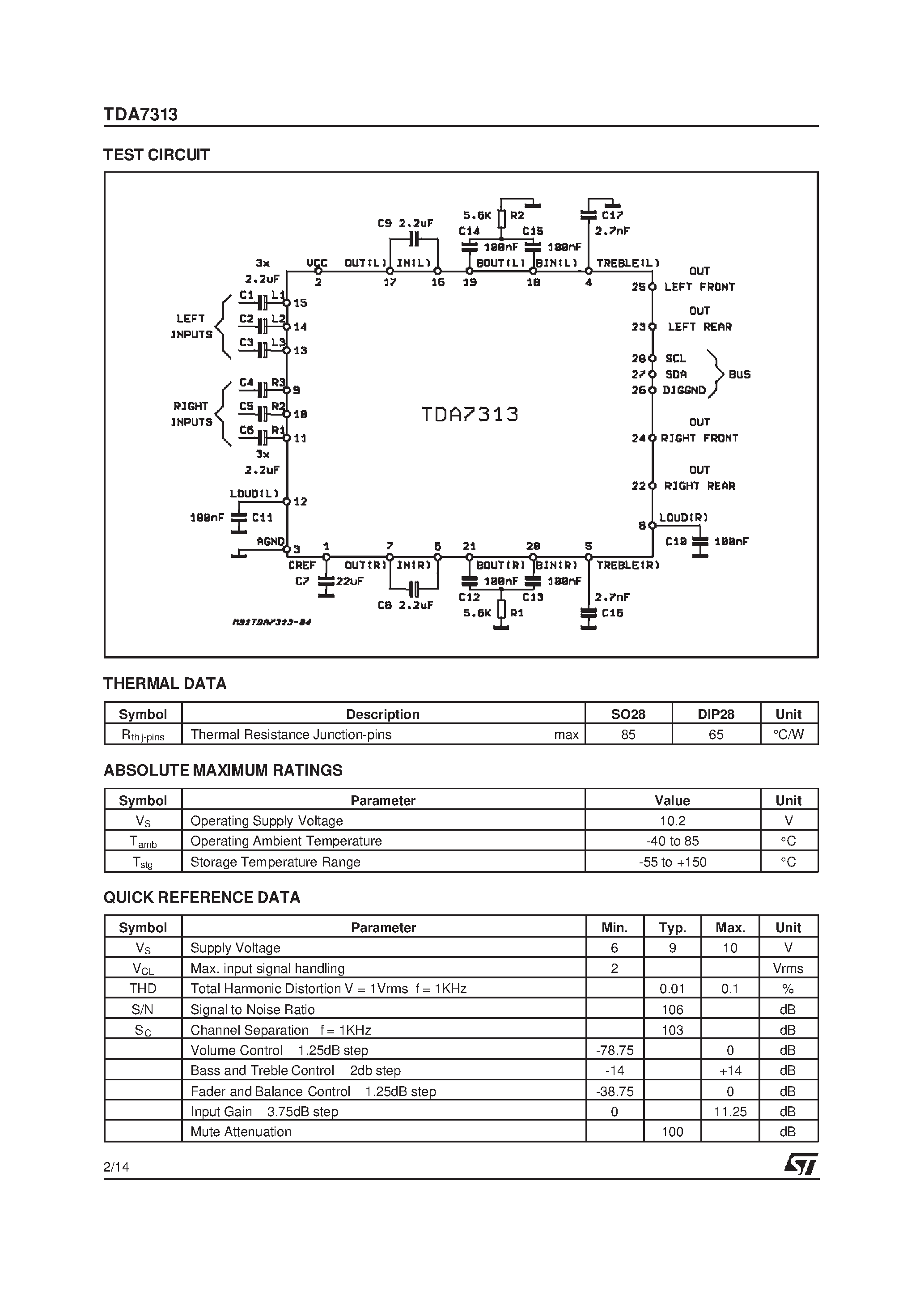 Даташит TDA7313D - DIGITAL CONTROLLED STEREO AUDIO PROCESSOR WITH LOUDNESS страница 2