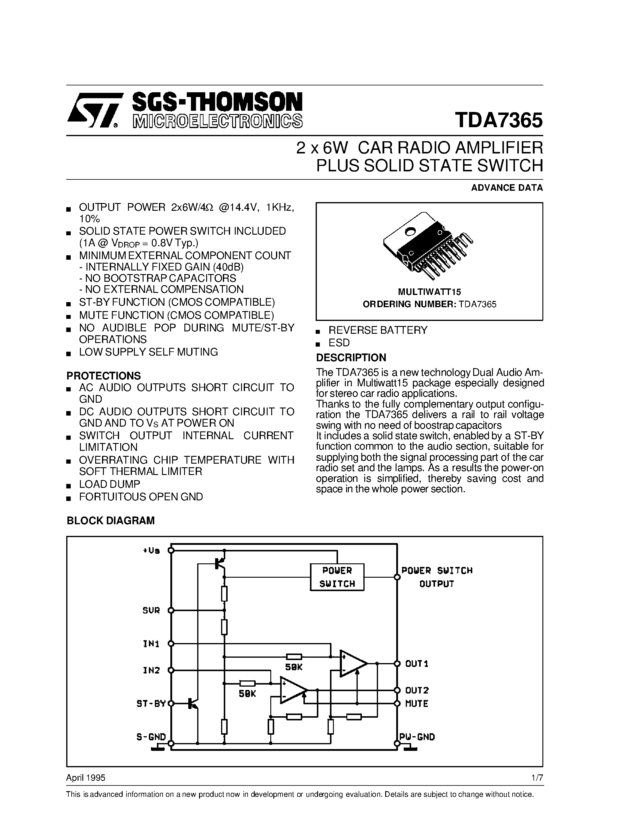 Даташит TDA7365 - 2 x 6W CAR RADIO AMPLIFIER PLUS SOLID STATE SWITCH страница 1