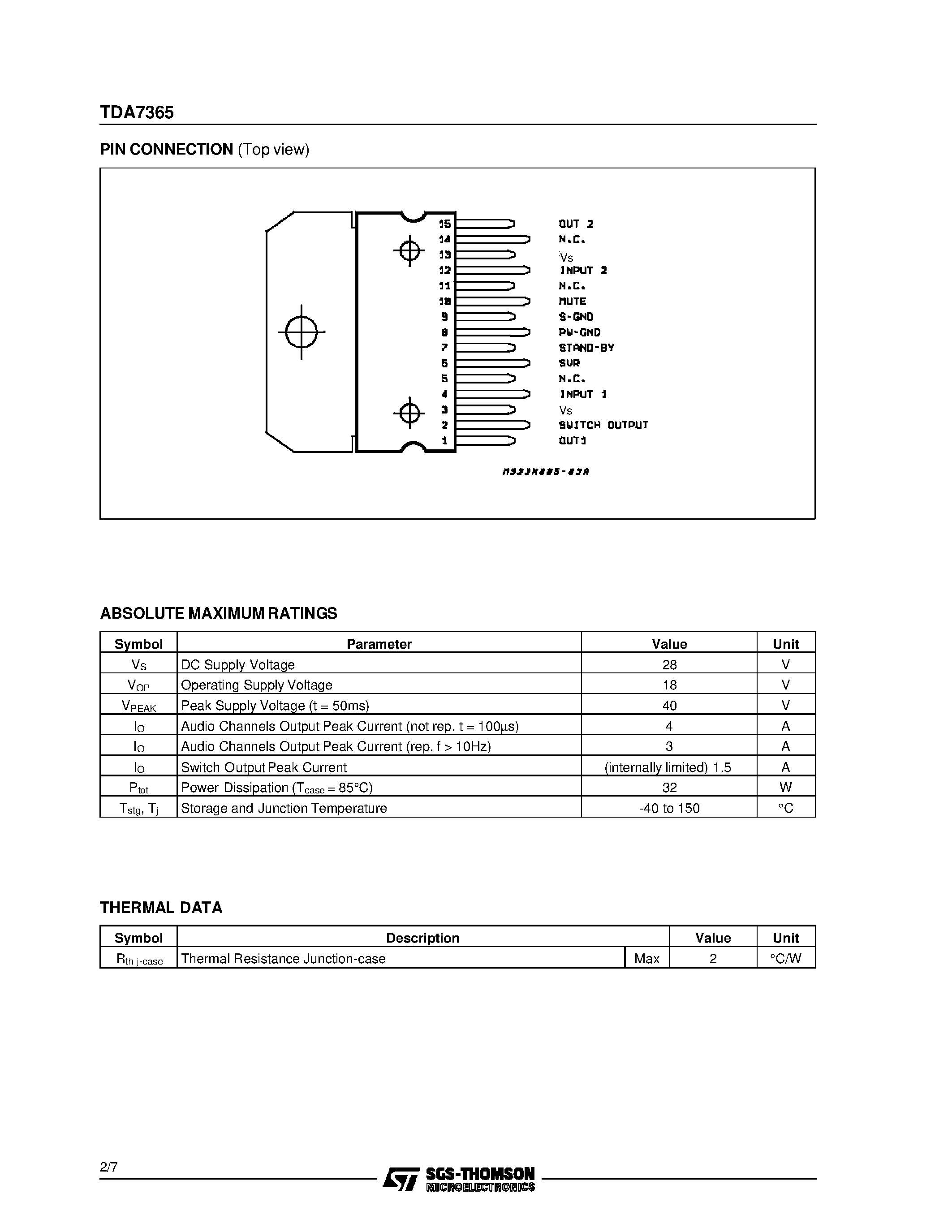 Даташит TDA7365 - 2 x 6W CAR RADIO AMPLIFIER PLUS SOLID STATE SWITCH страница 2