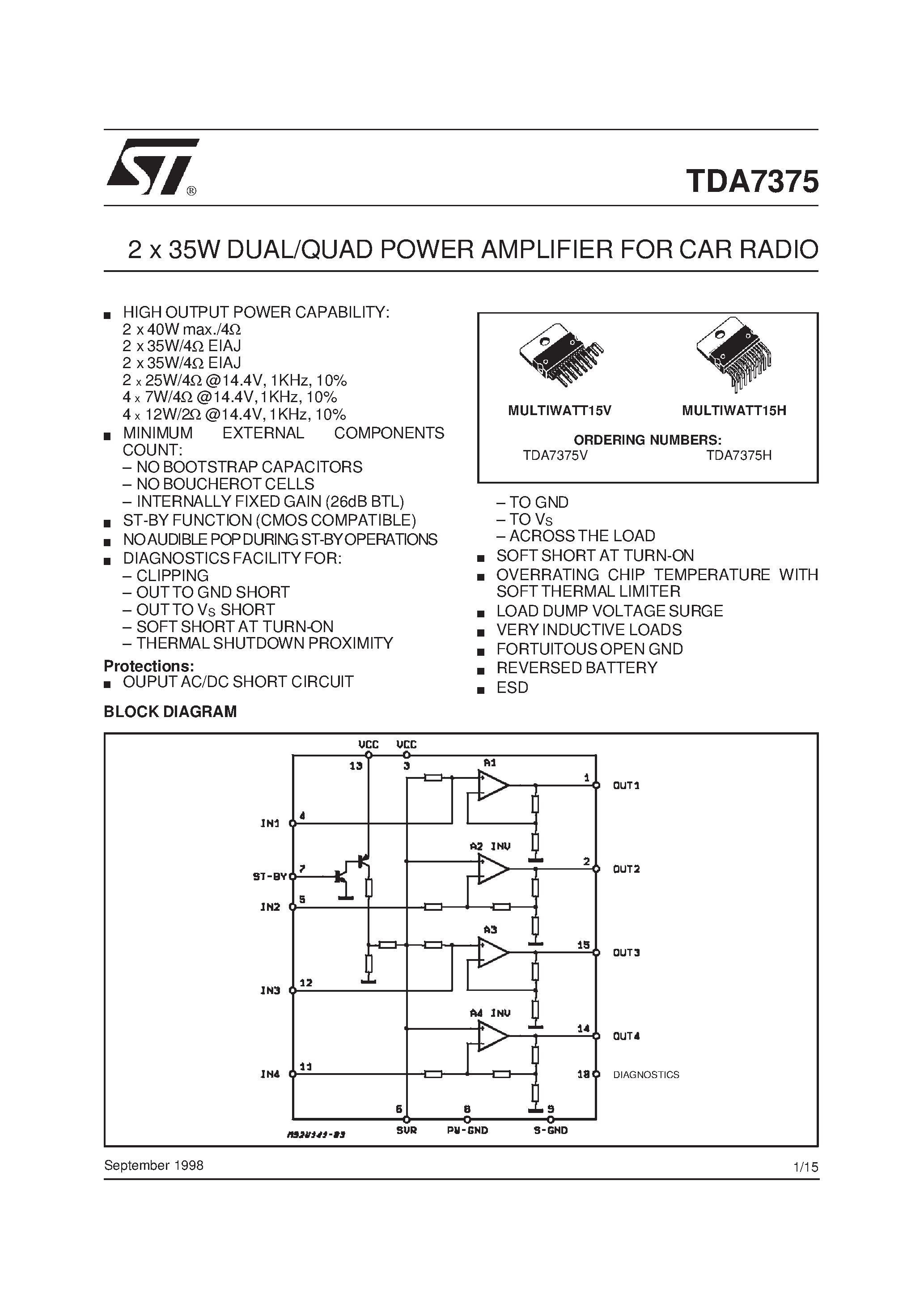 Даташит TDA7375 - 2 x 35W DUAL/QUAD POWER AMPLIFIER FOR CAR RADIO страница 1