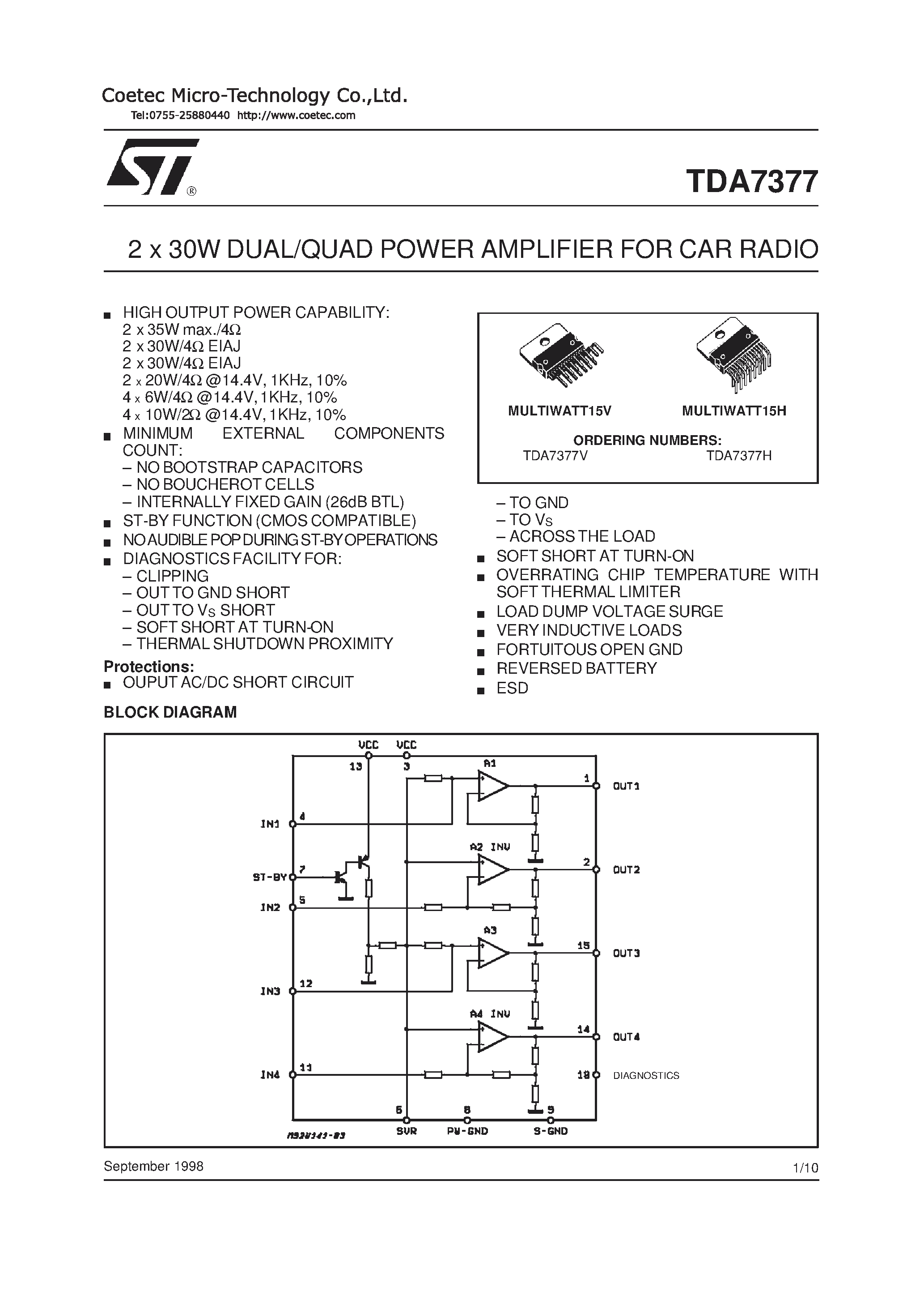 Даташит TDA7377H - 2 x 30WDUAL/QUAD POWER AMPLIFIER FOR CAR RADIO страница 1