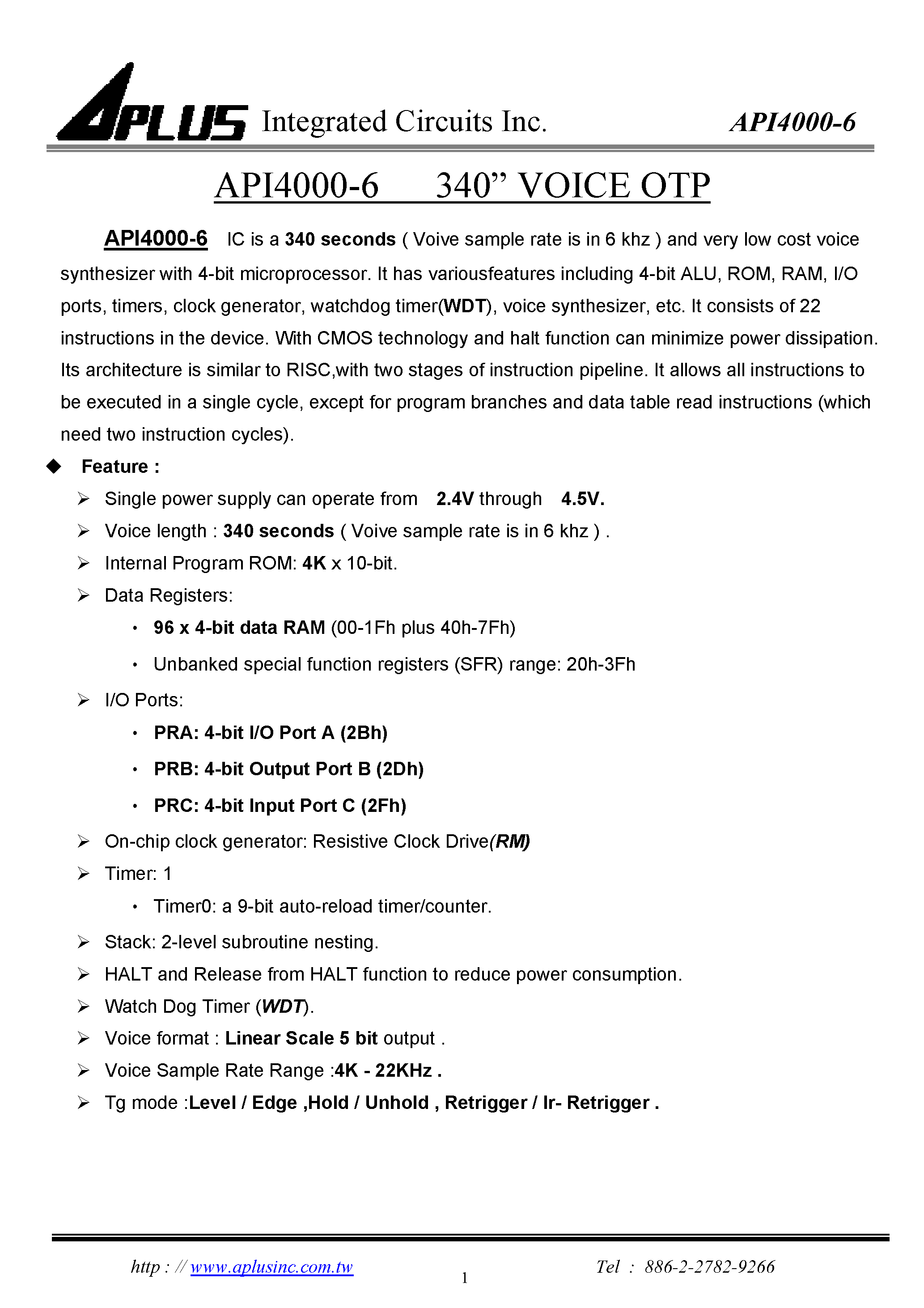 Даташит API4000-6 - very low cost voice synthesizer with 4-bit microprocessor страница 1