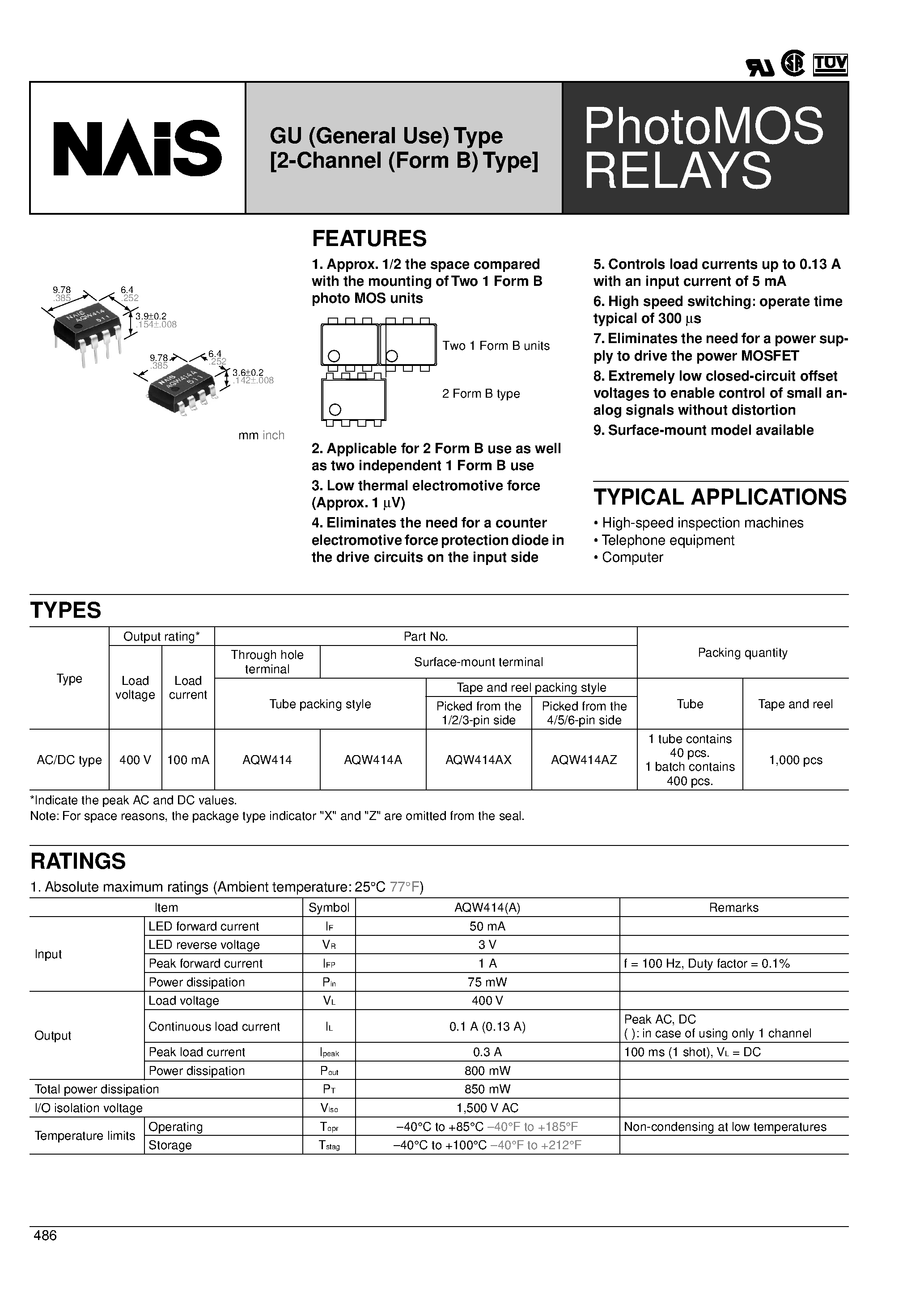 Datasheet AQW414 - GU (General Use) Type [2-Channel (Form B) Type] page 1