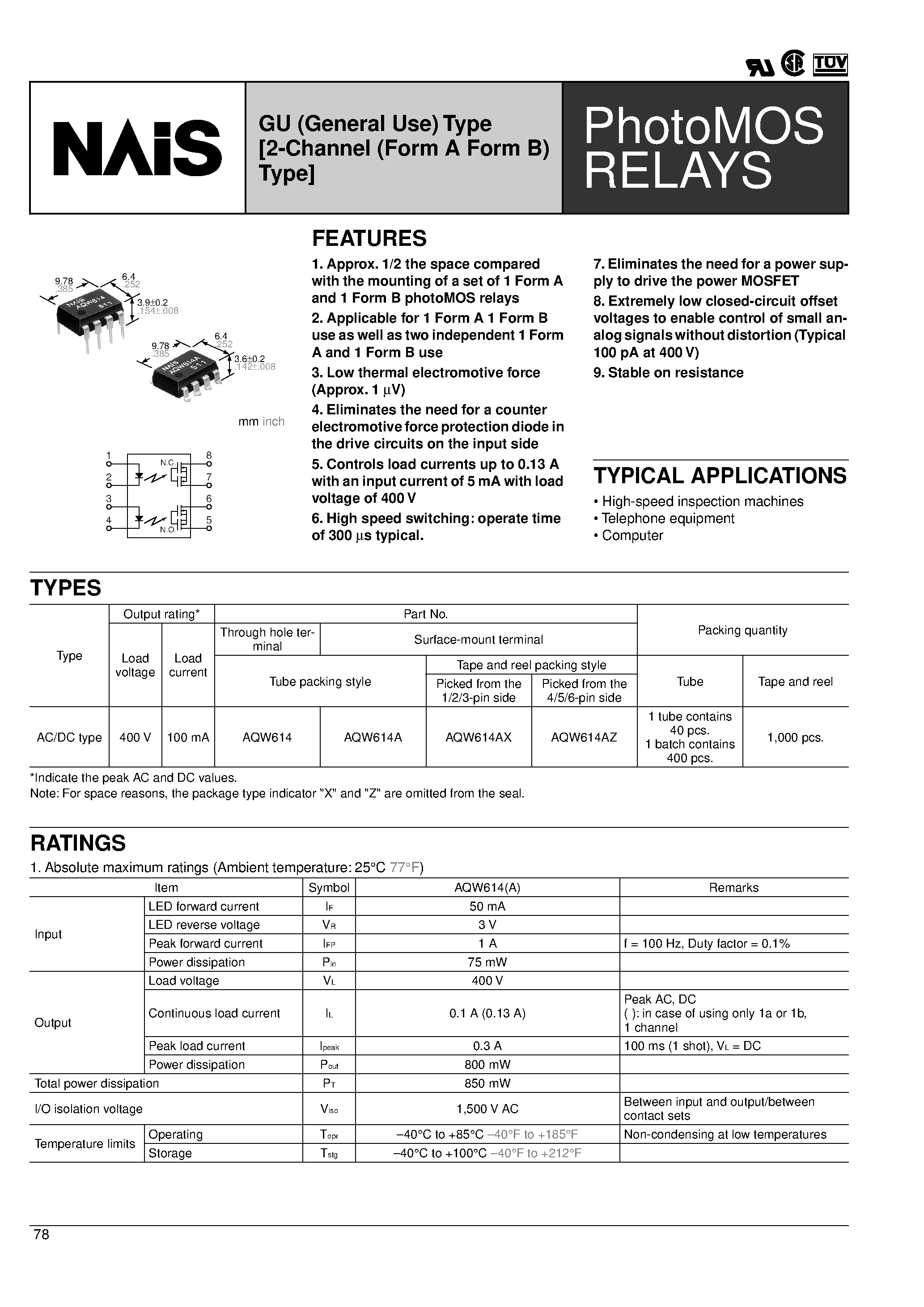 Datasheet AQW614 - GU (General Use) Type [2-Channel (Form A Form B) Type] page 1