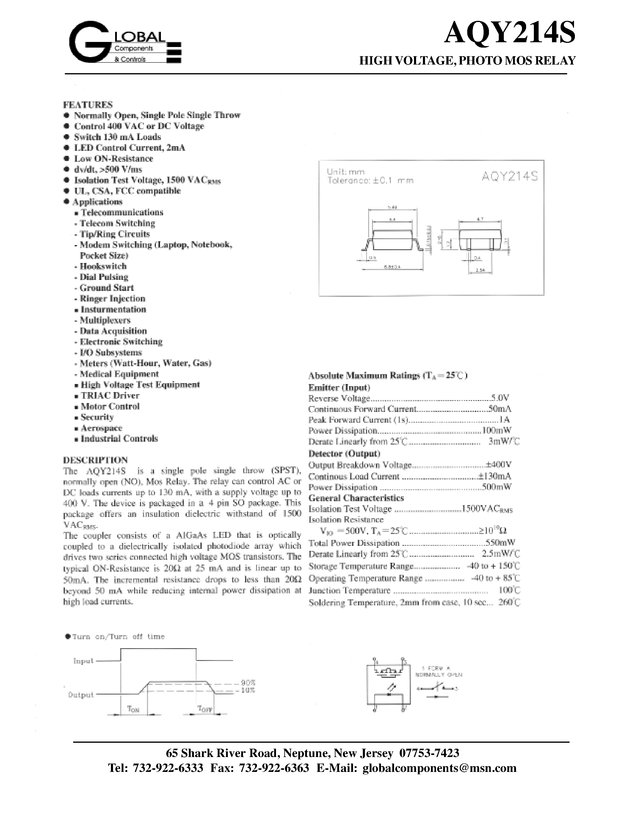 Даташит AQY214S - GU (General Use) Type SOP Series 1- Channel (Form A) 4-Pin Type страница 1