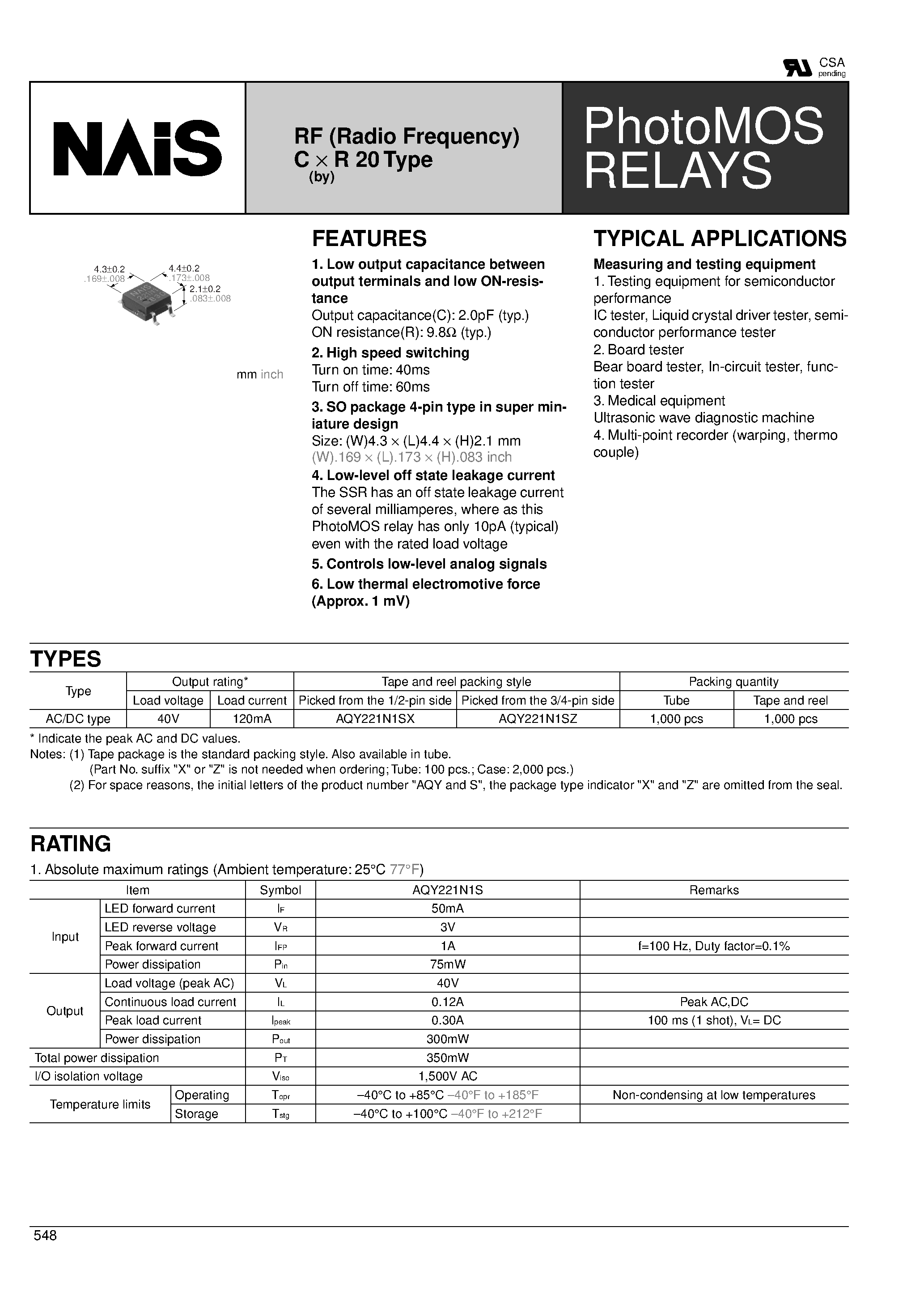 Datasheet AQY221N1S - RF (Radio Frequency) C x R 20 Type page 1