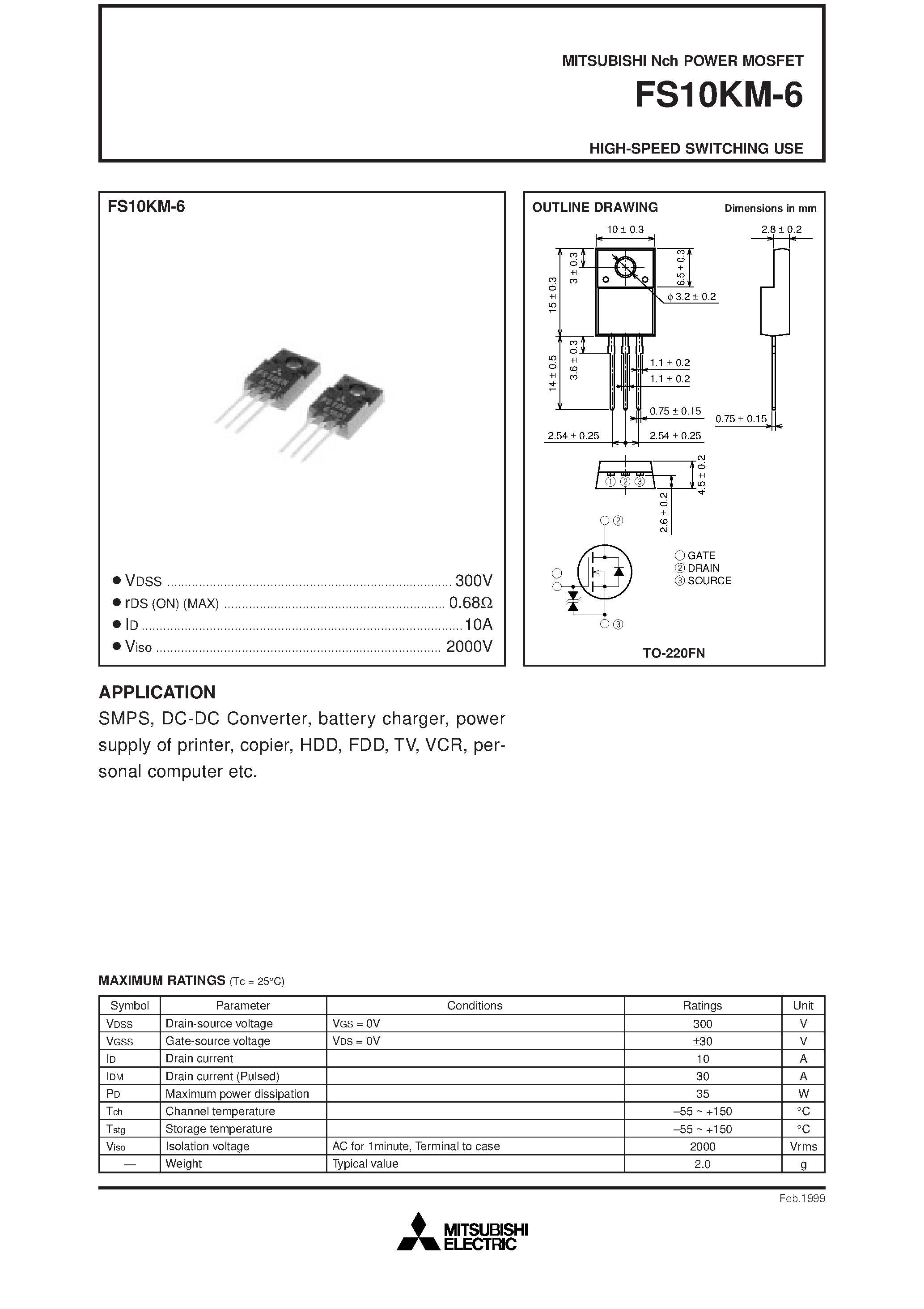 Даташит FS10KM-6 - HIGH-SPEED SWITCHING USE страница 1