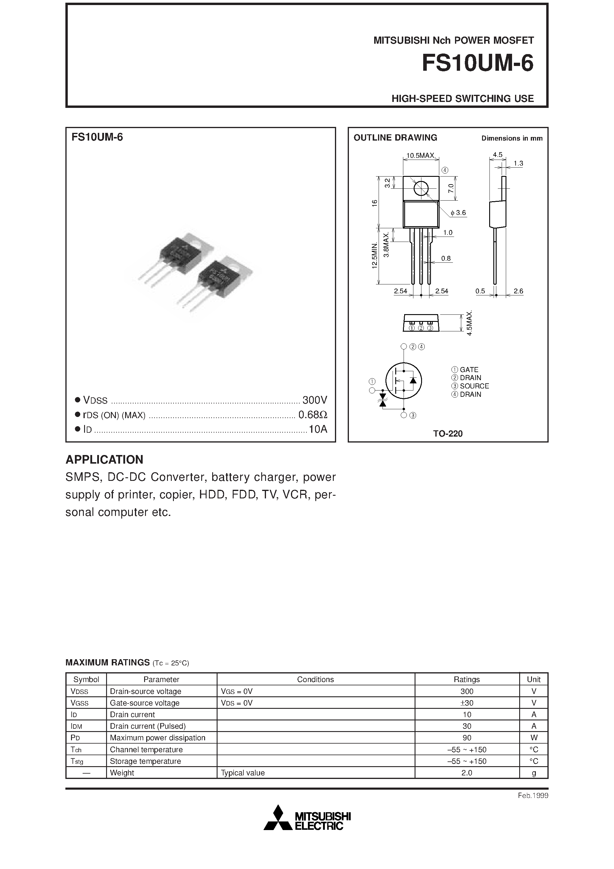 Даташит FS10UM-6 - HIGH-SPEED SWITCHING USE страница 1