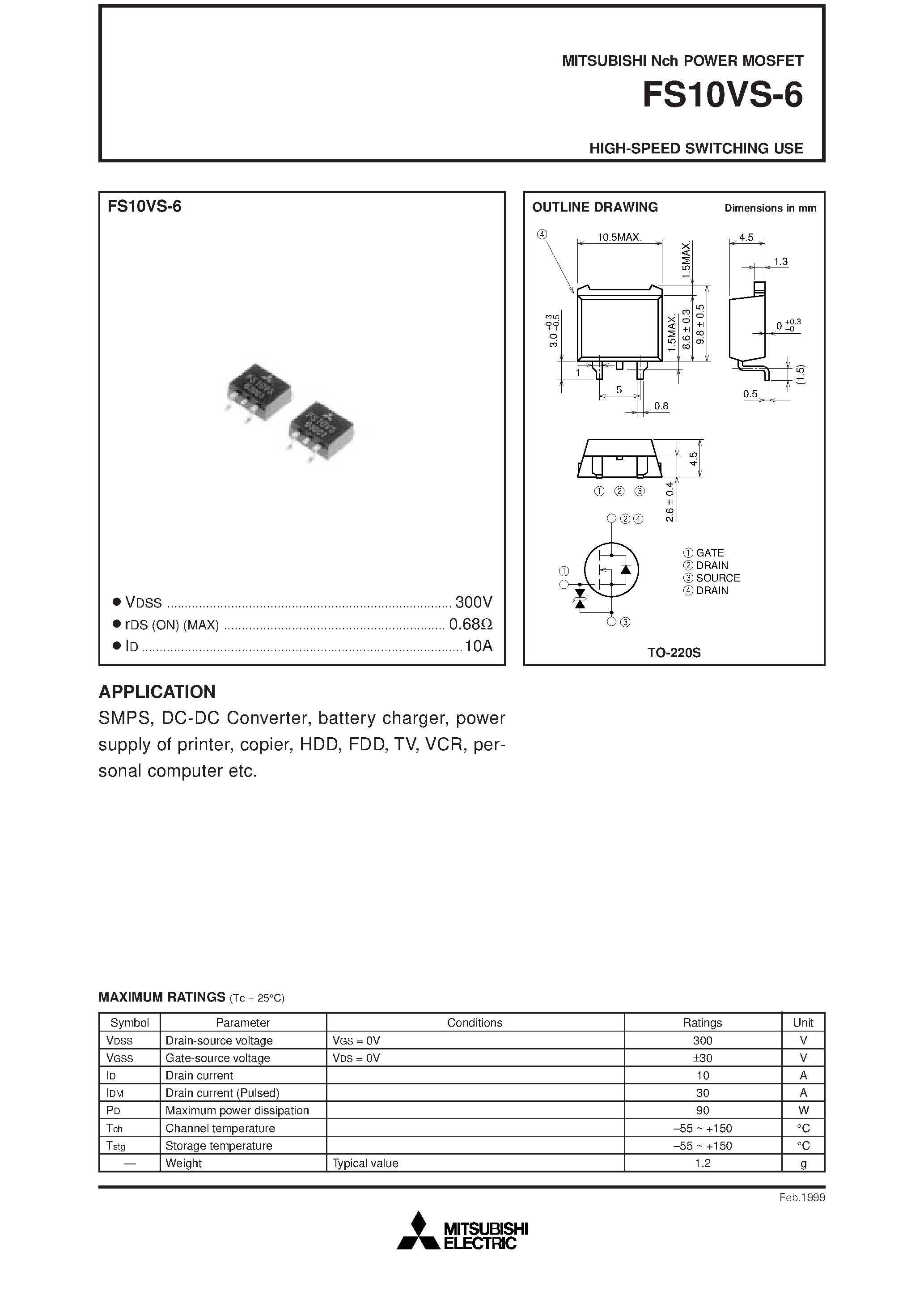 Даташит FS10VS-6 - HIGH-SPEED SWITCHING USE страница 1