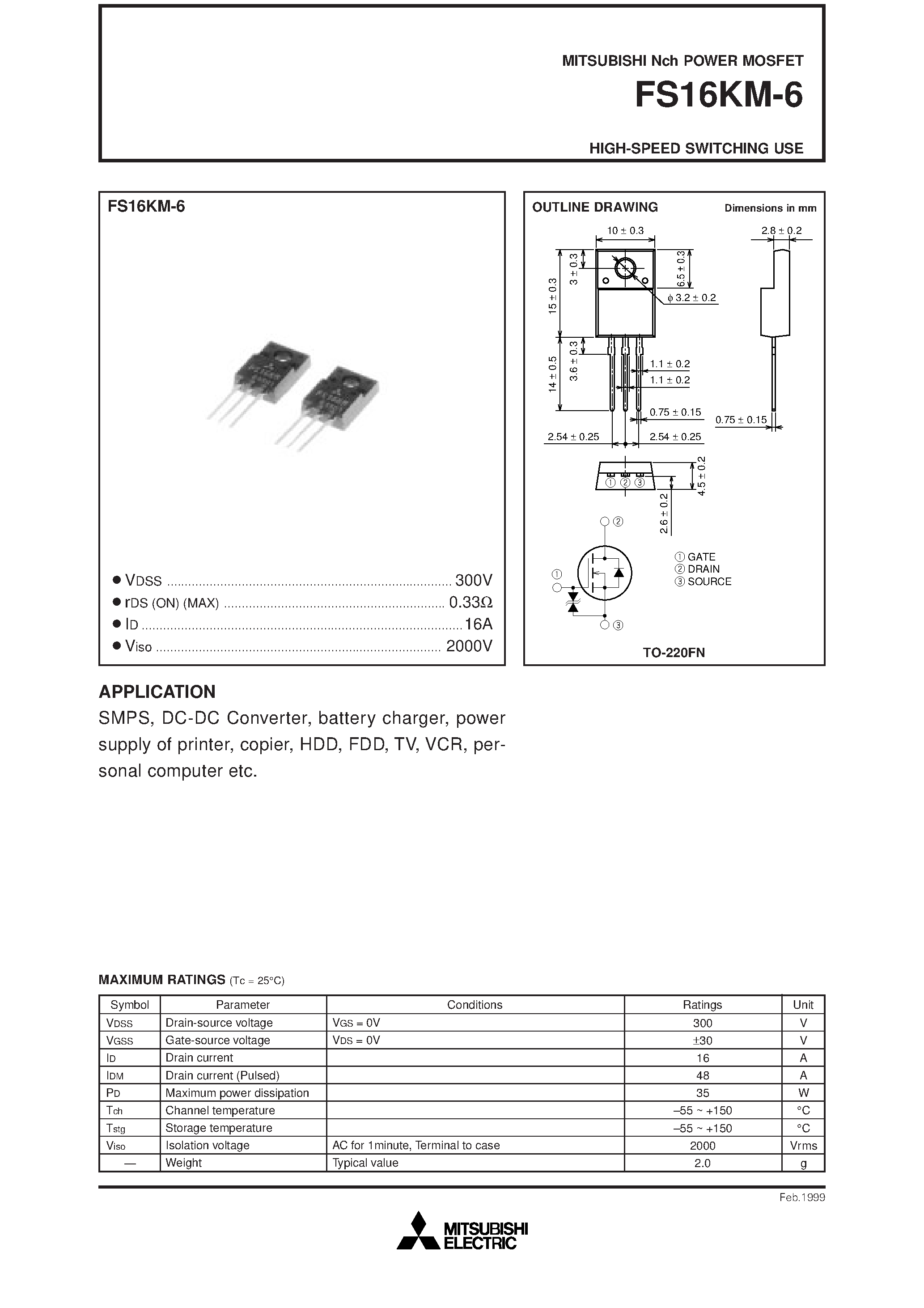 Даташит FS16KM-6 - Nch POWER MOSFET HIGH-SPEED SWITCHING USE страница 1