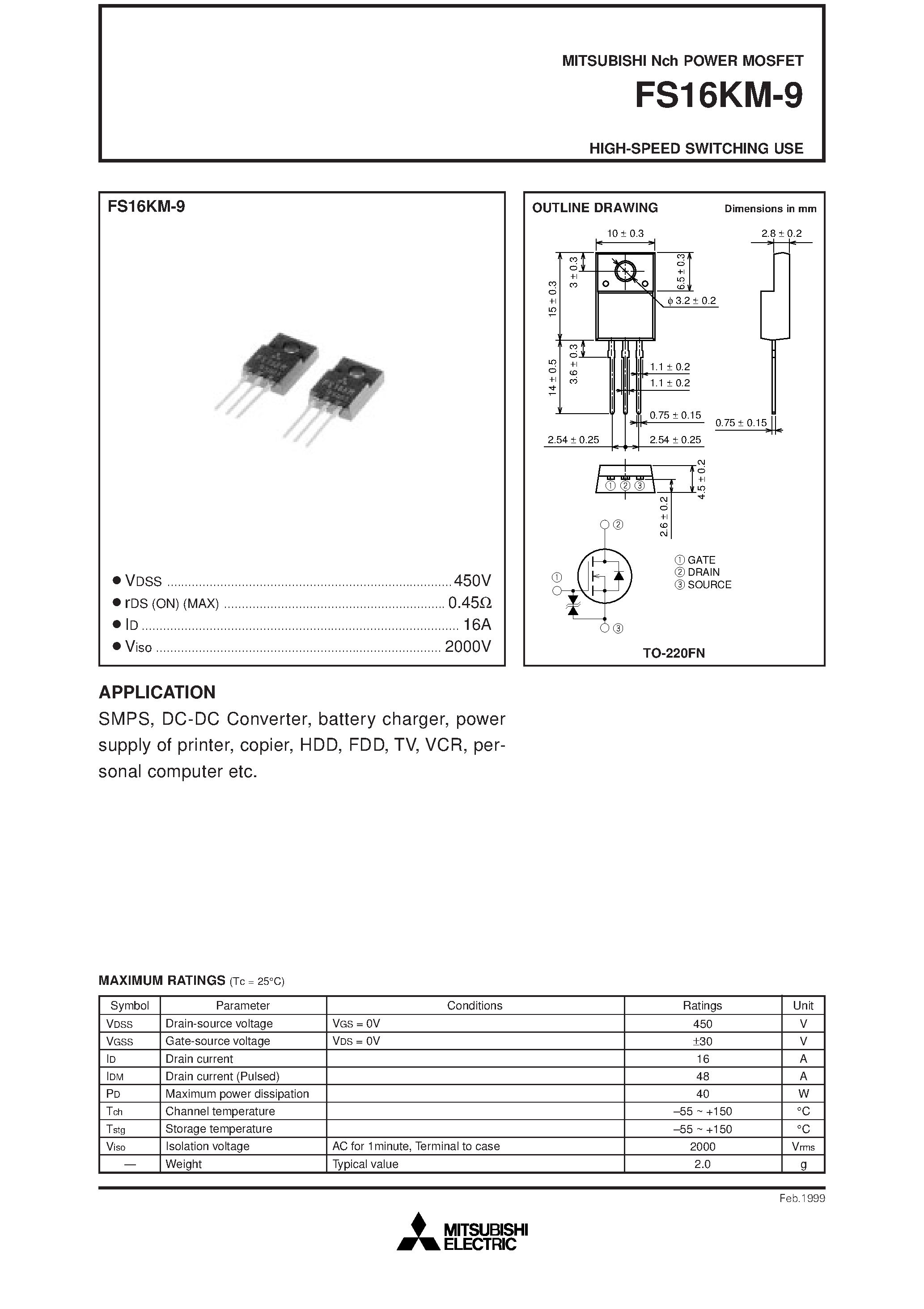 Даташит FS16KM-9 - HIGH-SPEED SWITCHING USE страница 1