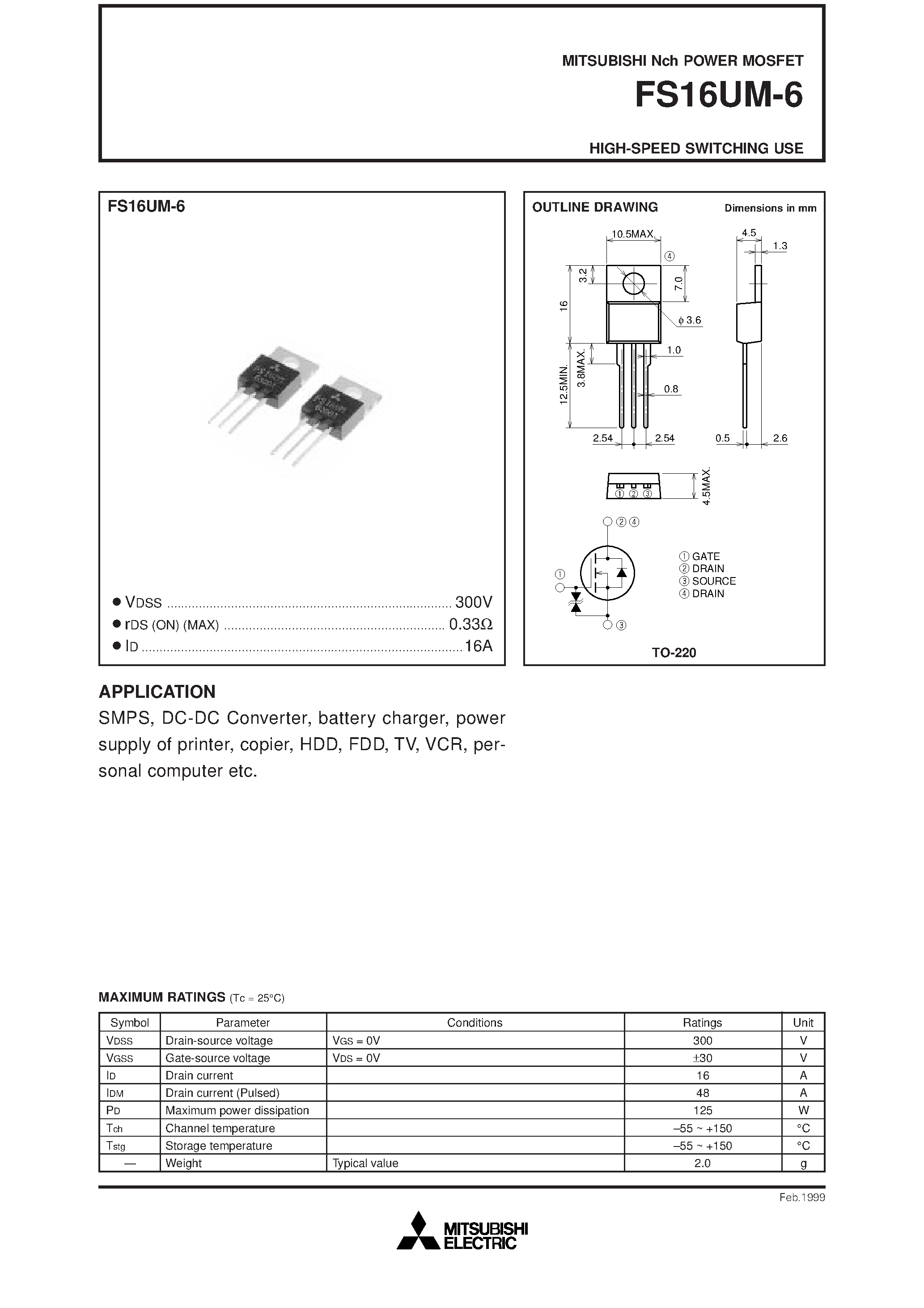 Даташит FS16UM-6 - HIGH-SPEED SWITCHING USE страница 1