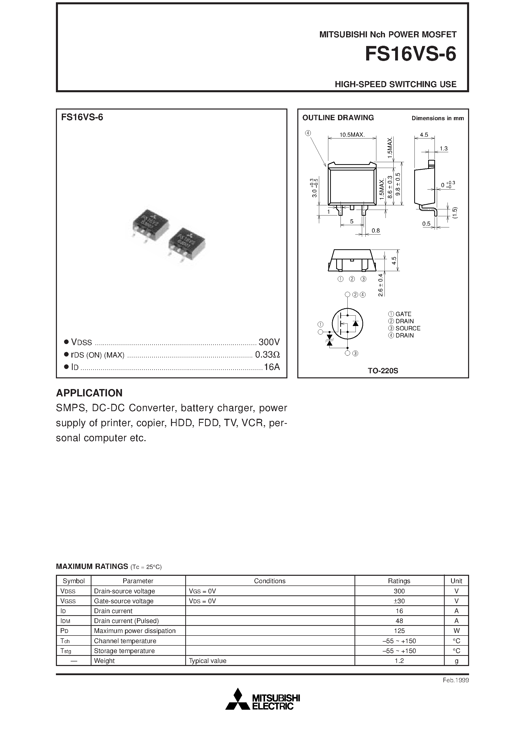 Даташит FS16VS-6 - HIGH-SPEED SWITCHING USE страница 1