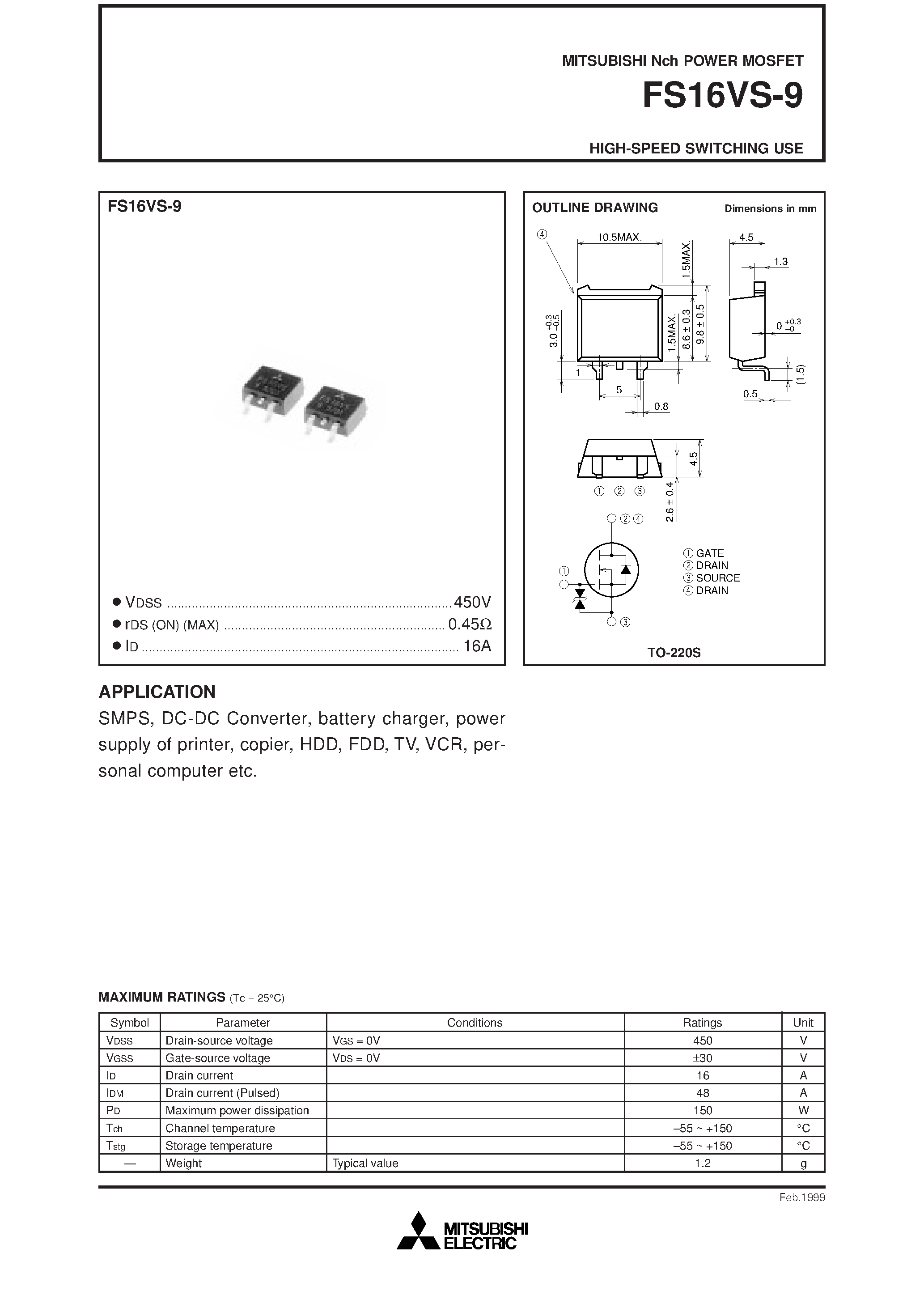 Даташит FS16VS-9 - HIGH-SPEED SWITCHING USE страница 1