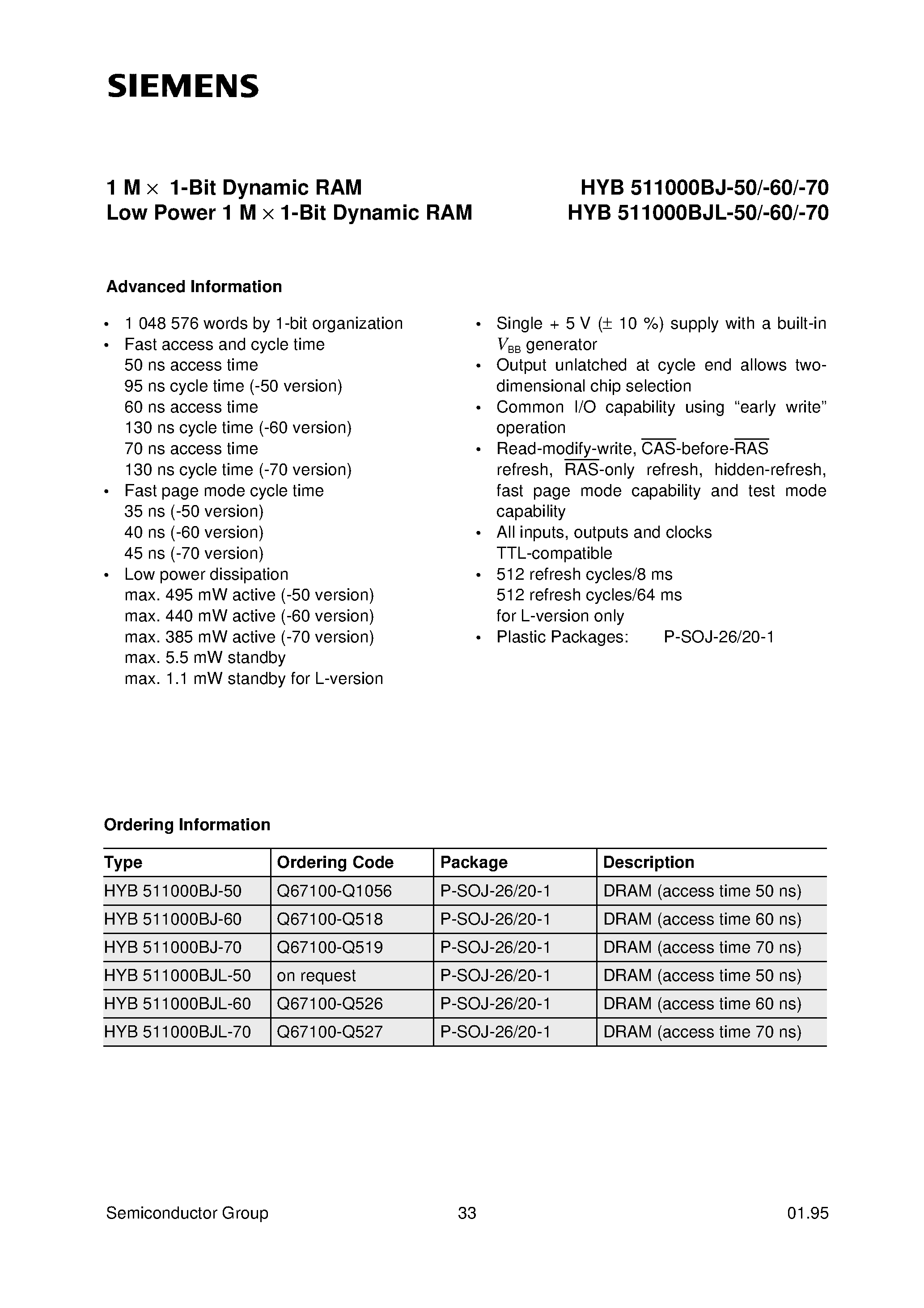 Даташит HYB511000BJ- - 1 M x 1-Bit Dynamic RAM Low Power 1 M 1-Bit Dynamic RAM страница 1