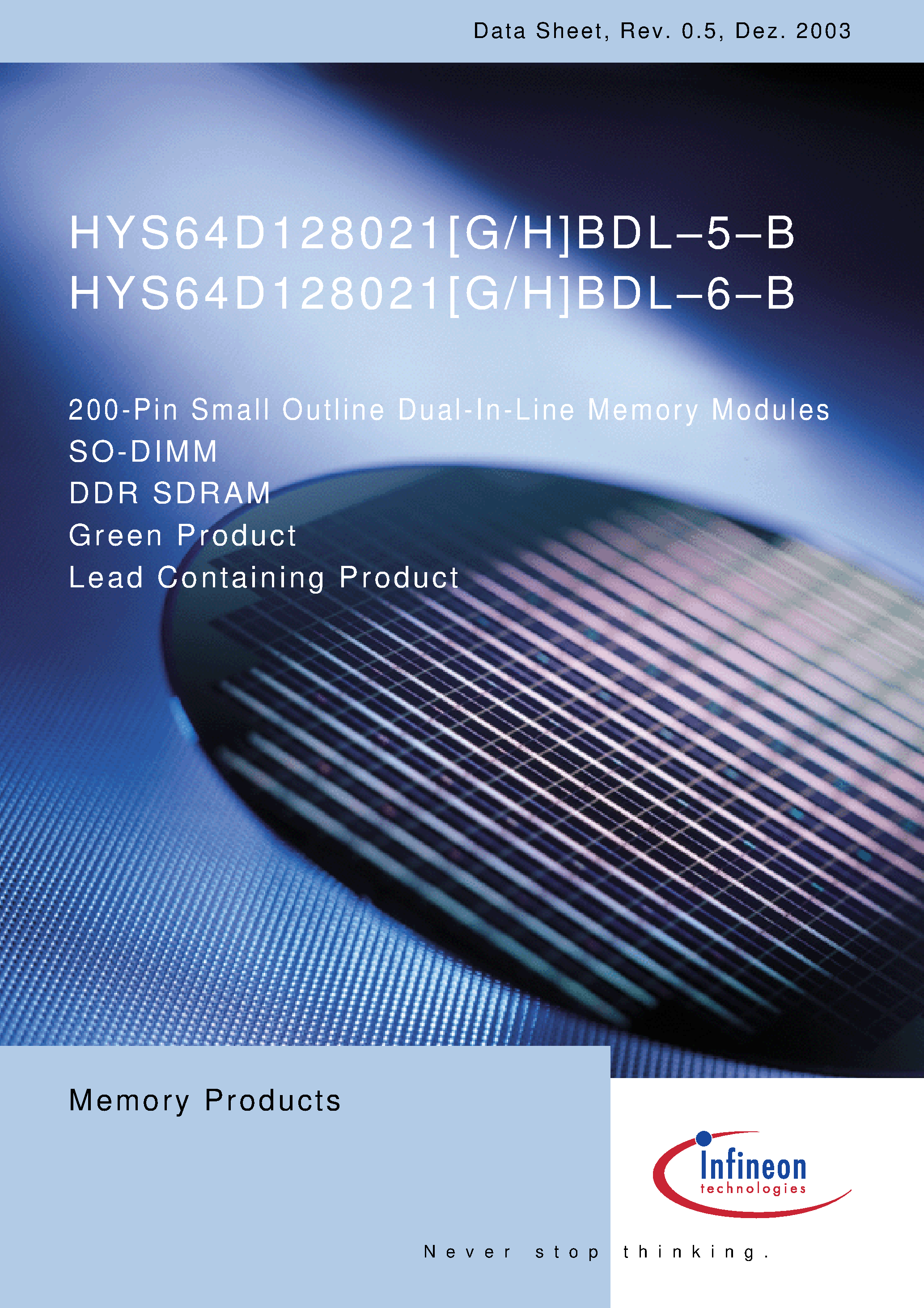 Datasheet HYS64D128021HBDL-5-B - 200-Pin Small Outline Dual-In-Line Memory Modules page 1