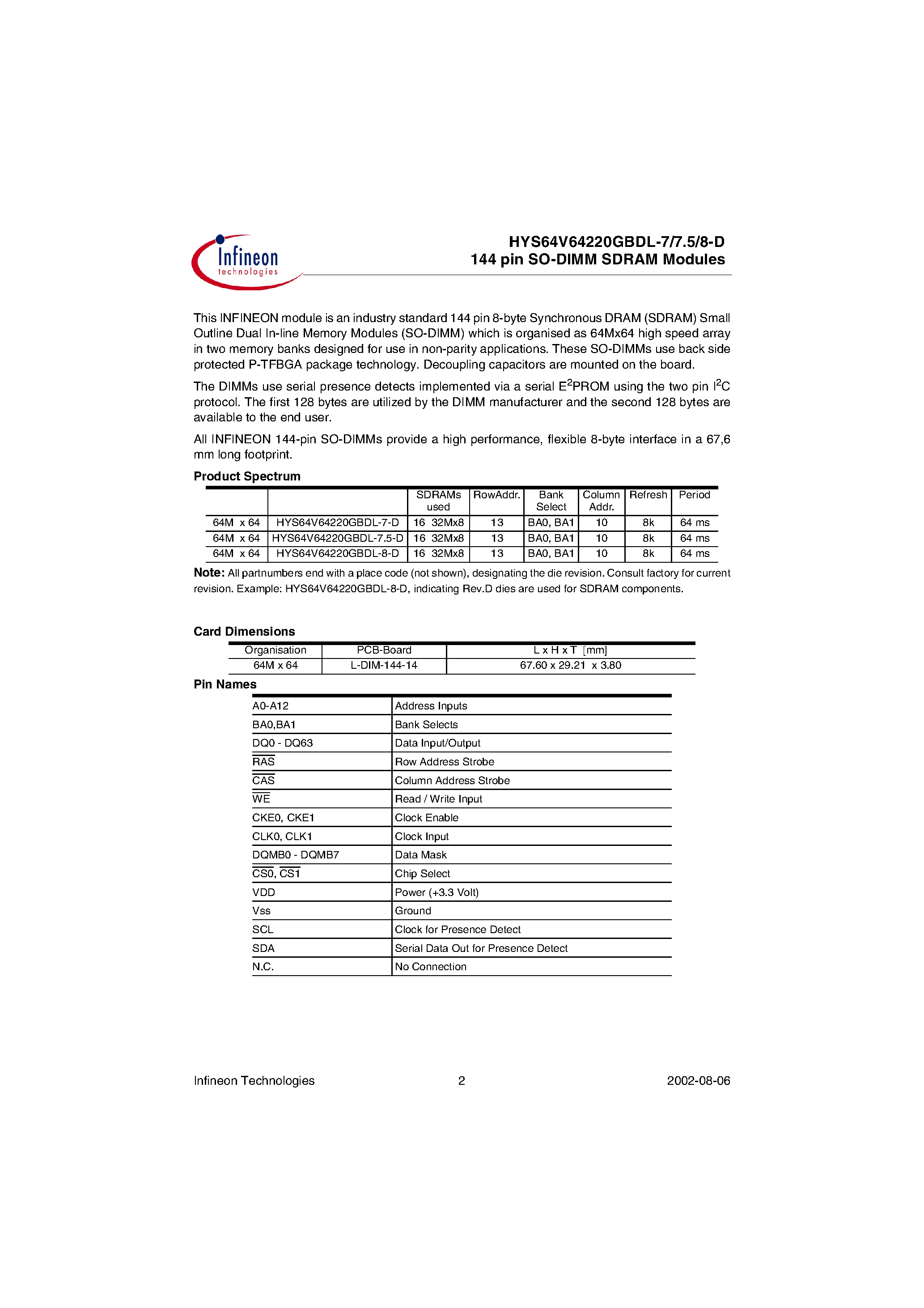 Datasheet HYS64V64220GBDL-7-D - 144 pin SO-DIMM SDRAM Modules page 2