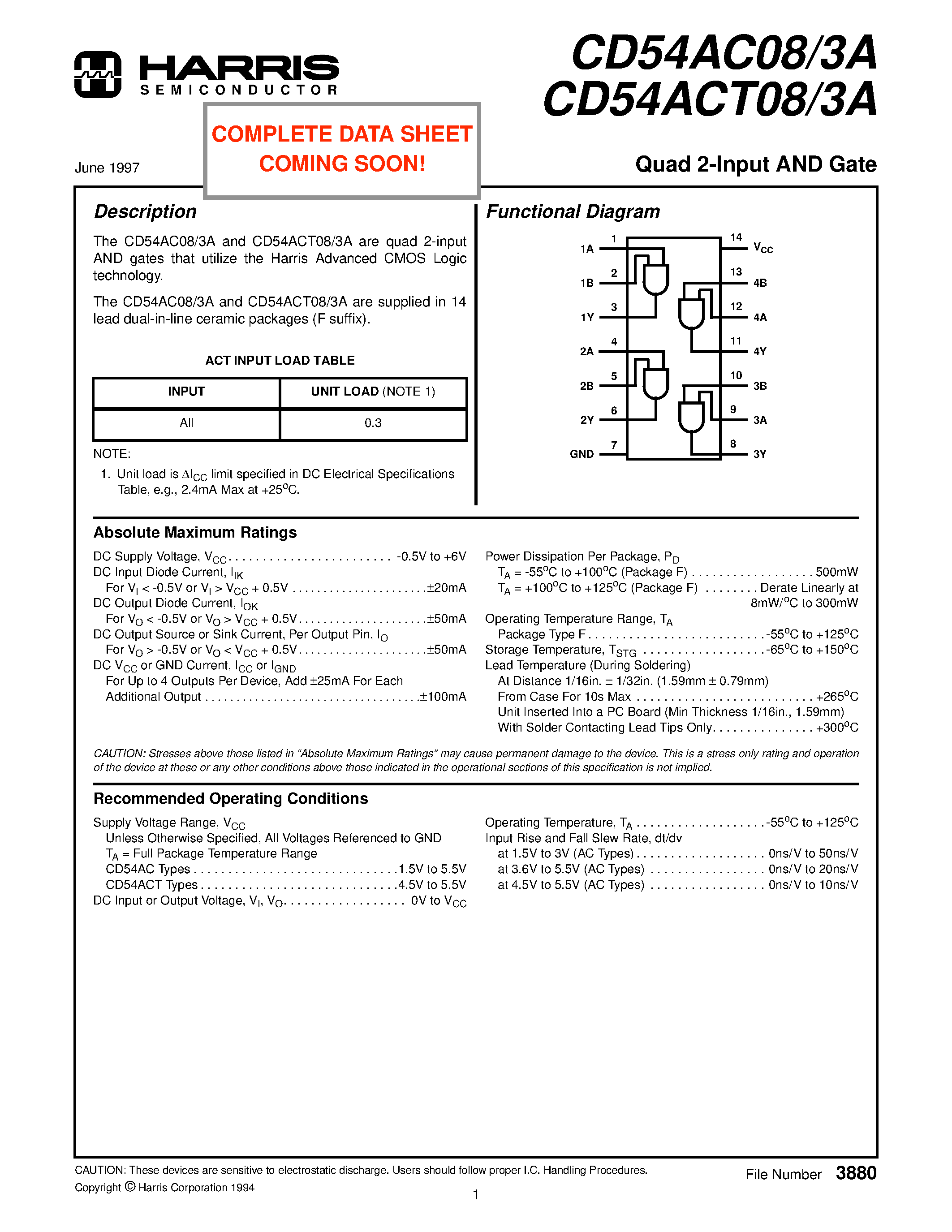 Даташит CD54AC08 - Quad 2-Input AND Gate страница 1