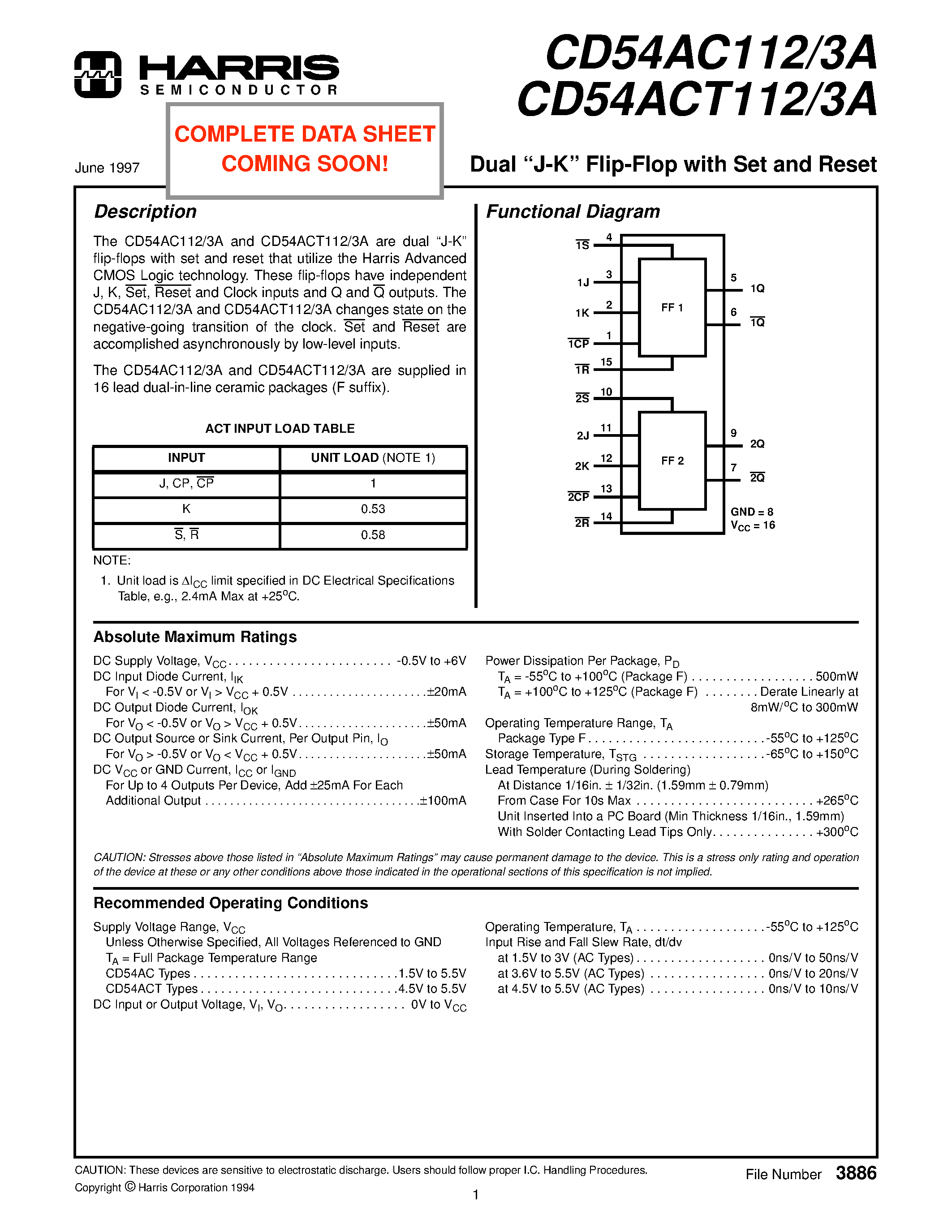 Даташит CD54AC112 - Dual J-K Flip-Flop with Set and Reset страница 1