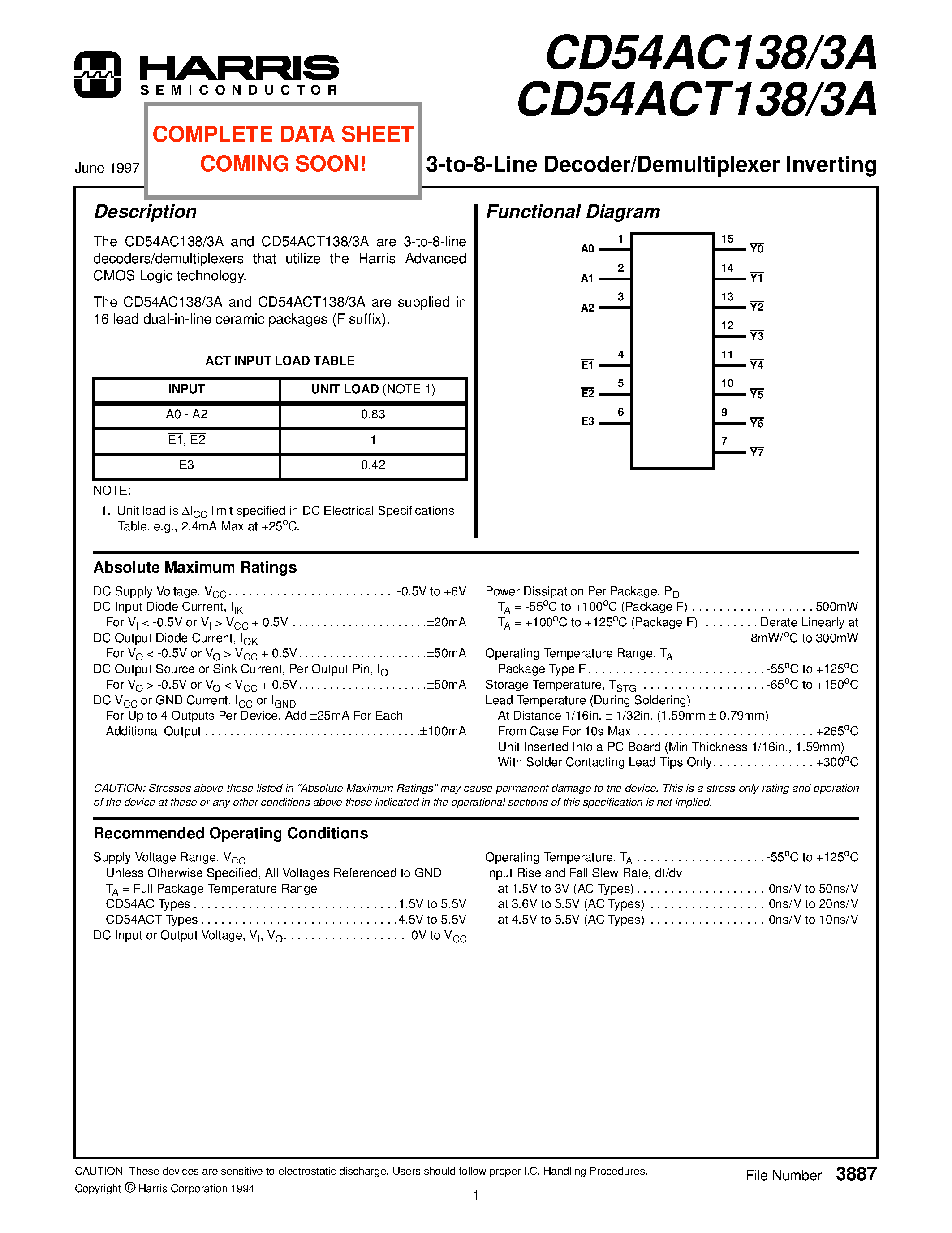 Даташит CD54AC138 - 3-to-8-Line Decoder/Demultiplexer Inverting страница 1