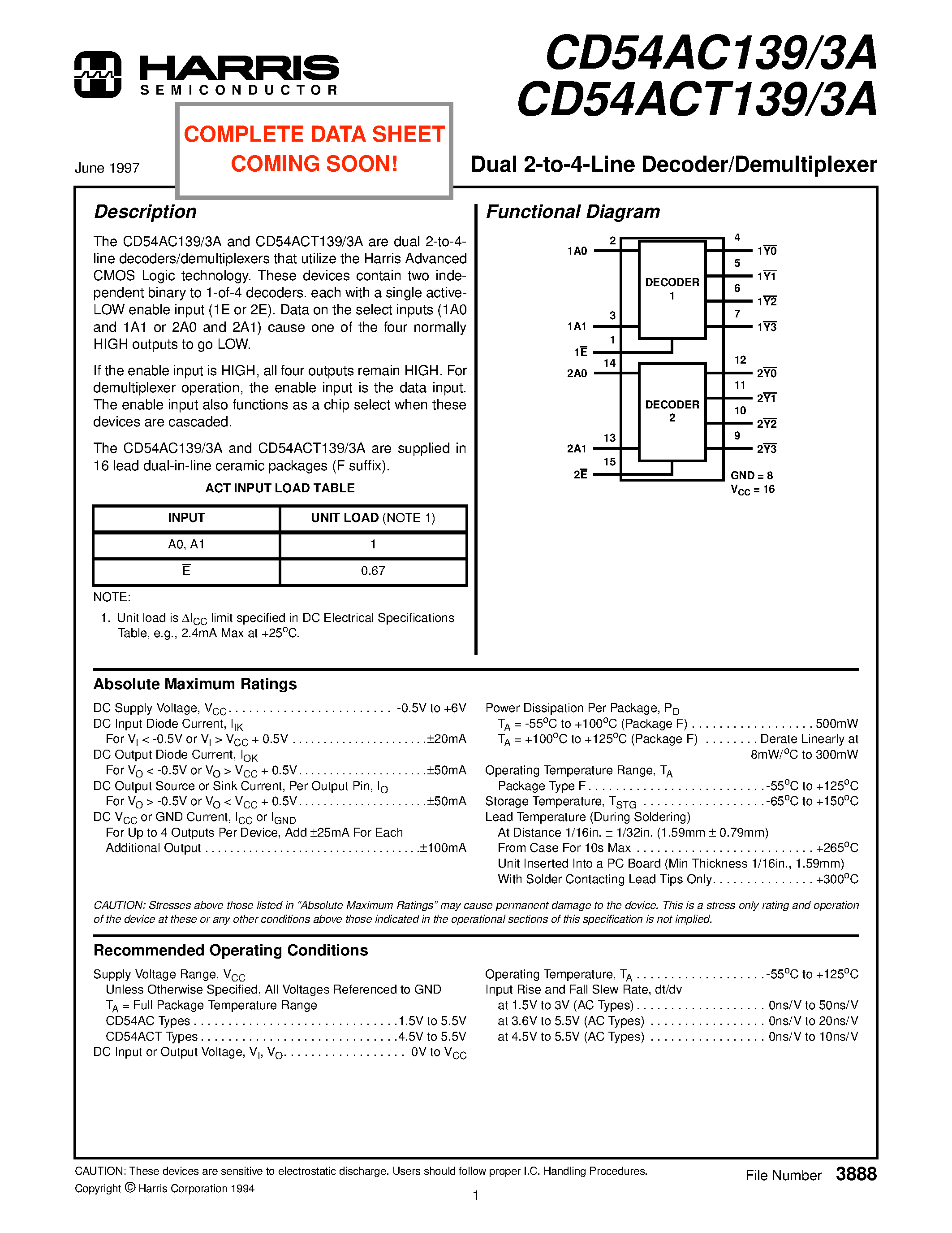 Даташит CD54AC139 - Dual 2-to-4-Line Decoder/Demultiplexer страница 2